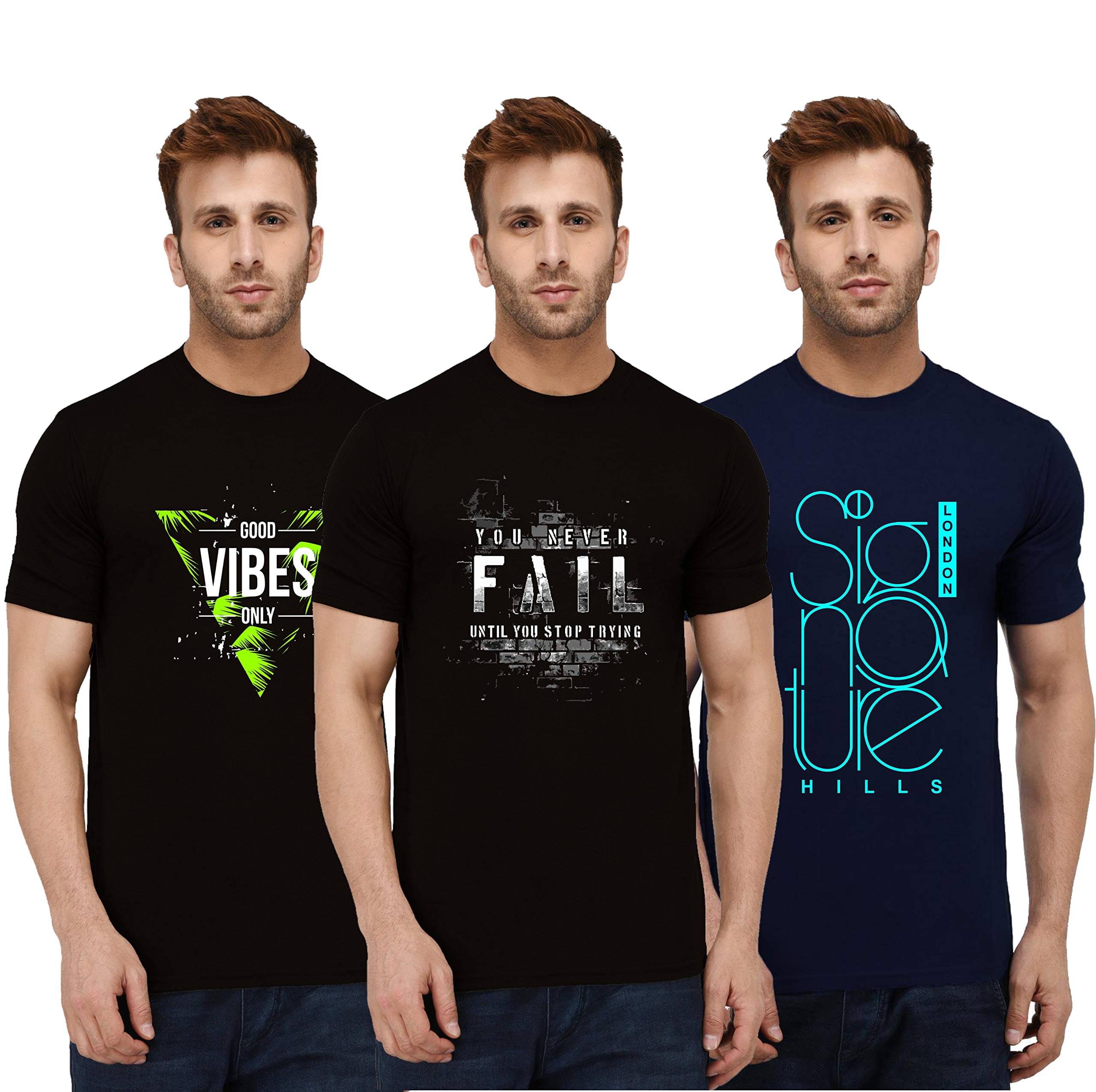 LONDON HILLS Cotton Blend Regular Fit Printed Half Sleeves Men's Round T-Shirt - Blue ( Pack of 3 )     			LONDON HILLS Cotton Blend Regular Fit Printed Half Sleeves Men's Round T-Shirt - Blue ( Pack of 3 )