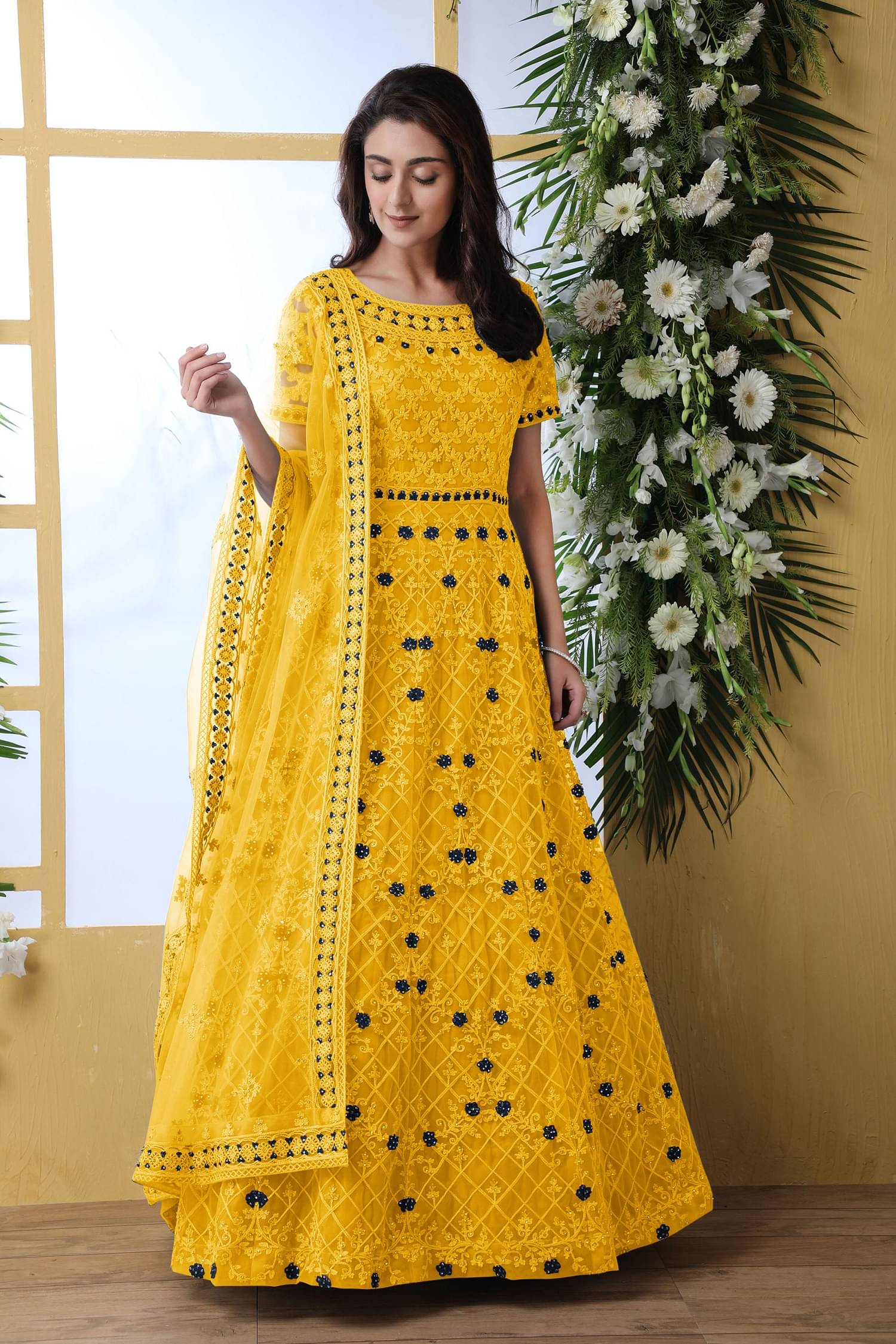 Lady Shopi Yellow Flared Net Women's Semi Stitched Ethnic Gown ( Pack of 1 ) Lady Shopi Yellow Flared Net Women's Semi Stitched Ethnic Gown ( Pack of 1 )