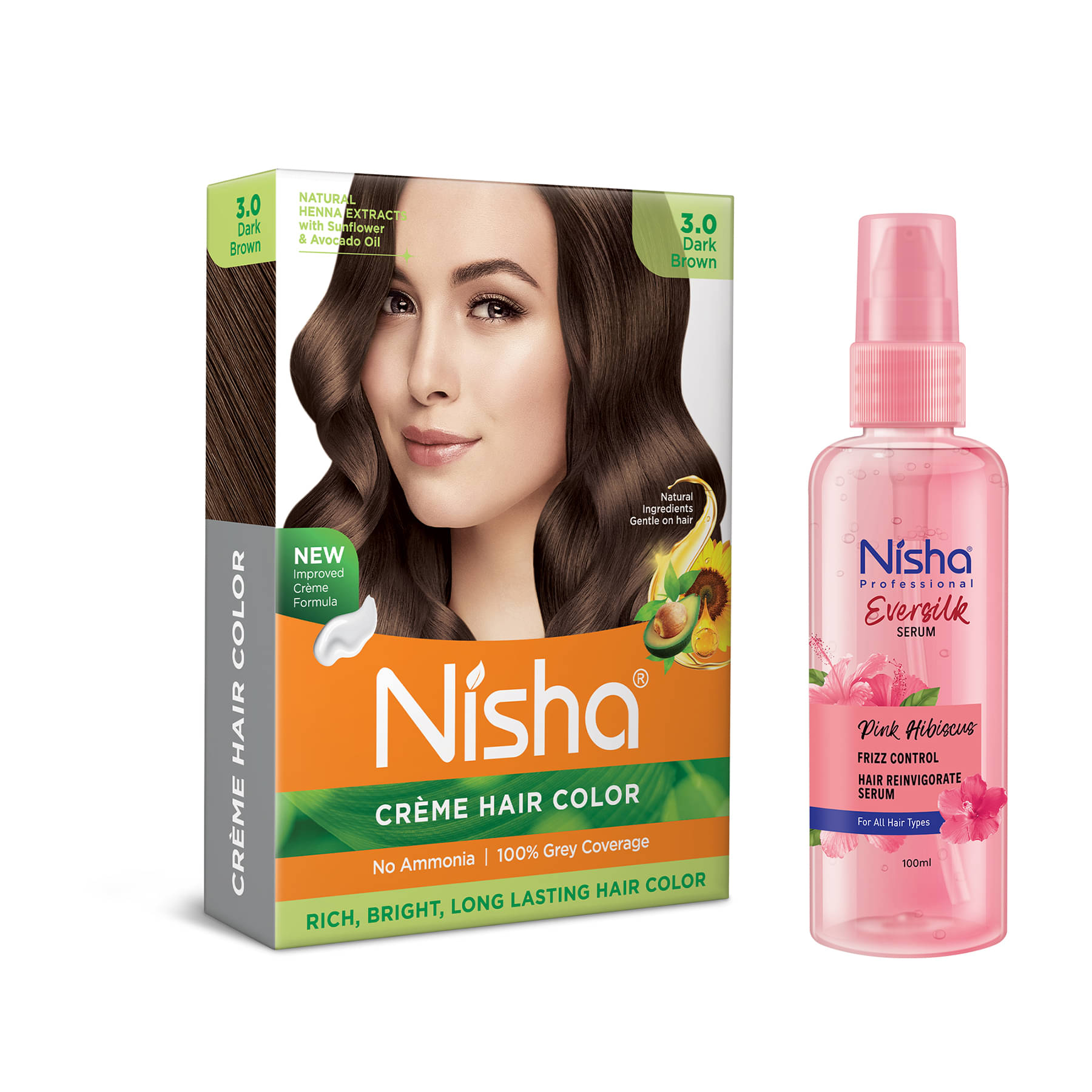     			Nisha Creme Hair Color Dark Brown 40g and Pink Hibiscus Hair Serum 100ml, Hair Colour with Frizz Control Hair Serum