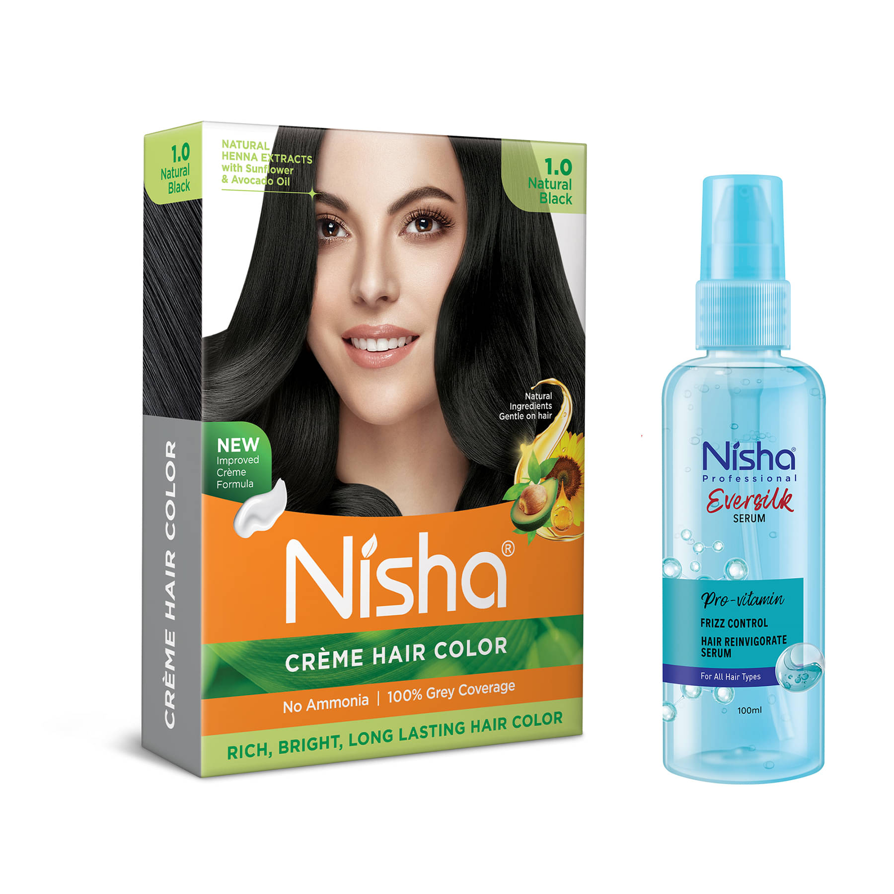     			Nisha Creme Hair Color Natural Black 40g and Pro Vitamin Hair Serum 100ml, Hair Colour with Frizz Control Hair Serum