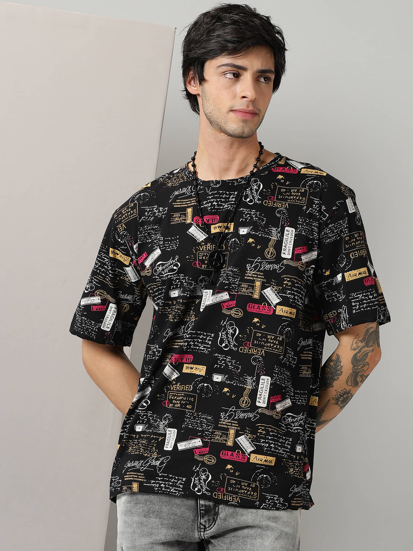 RodZen Cotton Oversized Fit Printed Half Sleeves Men's Round T-Shirt - Black ( Pack of 1 )
