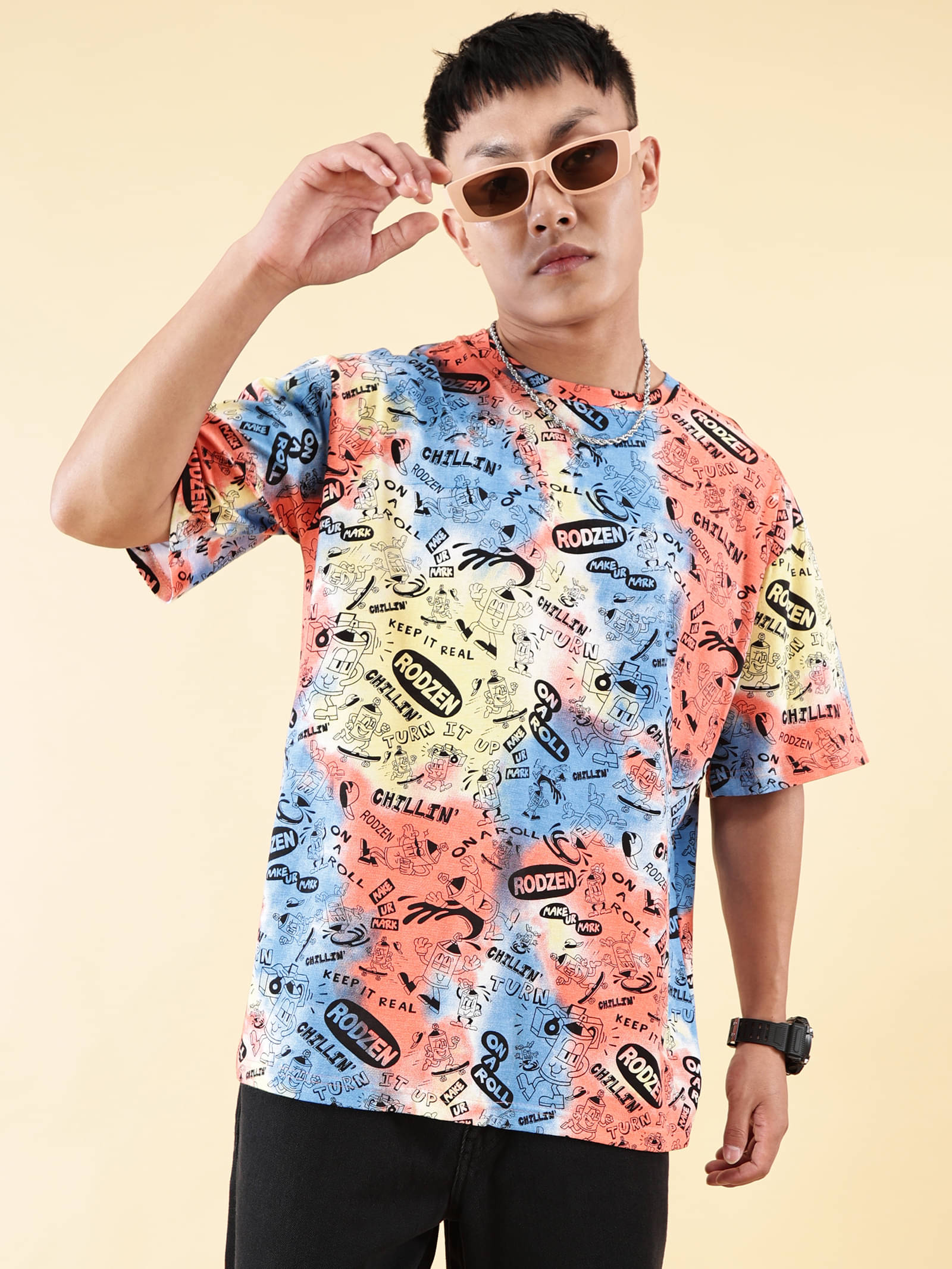 RodZen Cotton Oversized Fit Printed Half Sleeves Men's Round T-Shirt - Multicolor ( Pack of 1 ) RodZen Cotton Oversized Fit Printed Half Sleeves Men's Round T-Shirt - Multicolor ( Pack of 1 )
