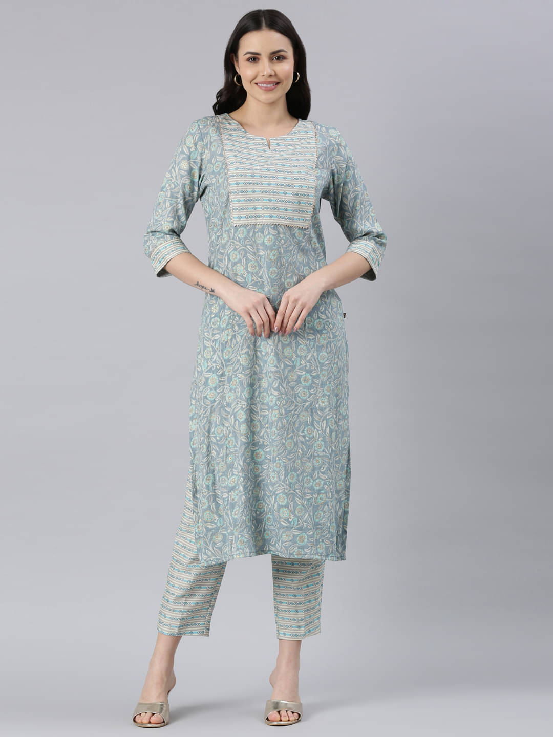 Samhitas Rayon Printed Kurti With Pants Women's Stitched Salwar Suit - Light Blue ( Pack of 1 ) Samhitas Rayon Printed Kurti With Pants Women's Stitched Salwar Suit - Light Blue ( Pack of 1 )