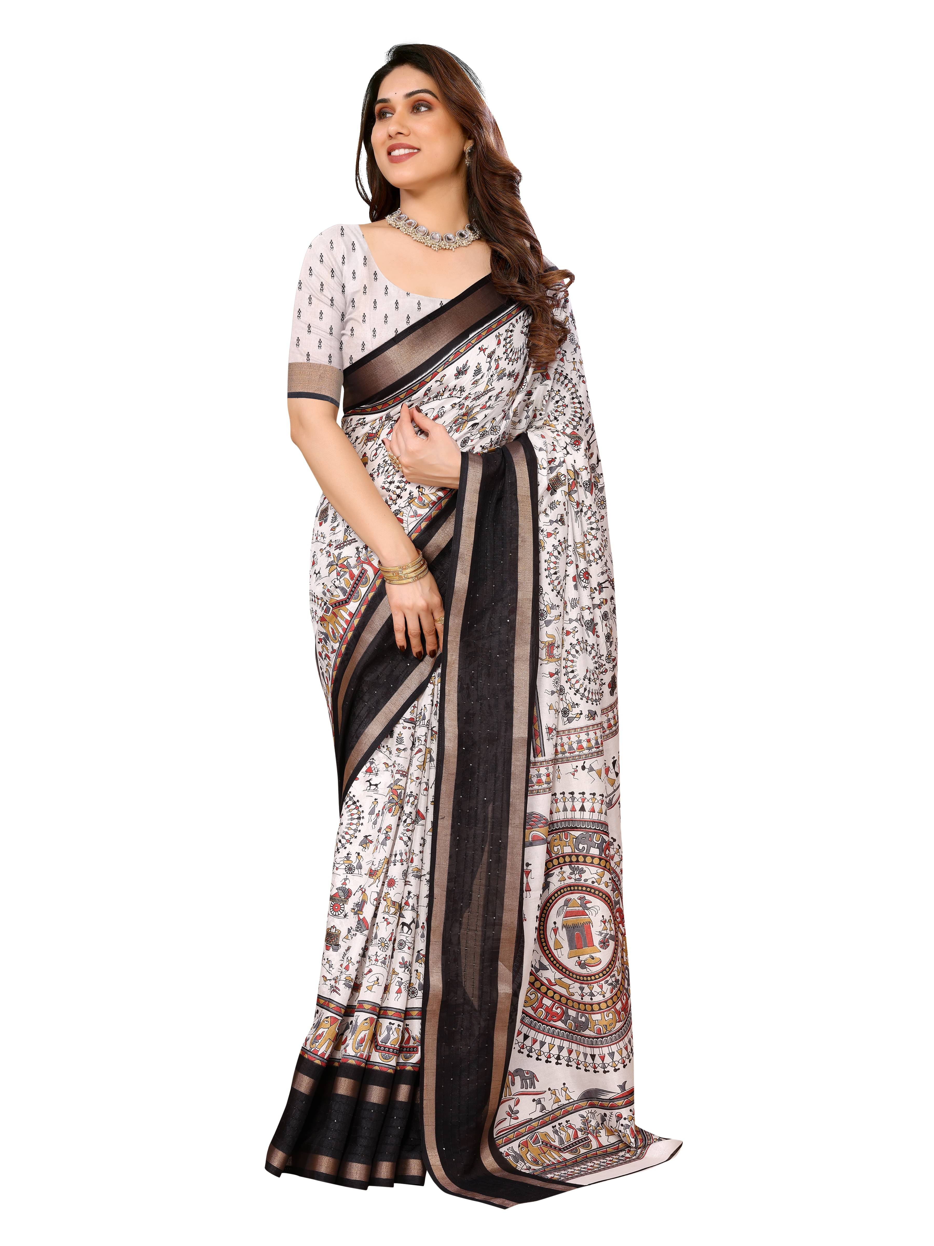 Sidhidata Silk Blend Printed Saree With Unstitched Blouse Piece ( White ) Sidhidata Silk Blend Printed Saree With Unstitched Blouse Piece ( White )