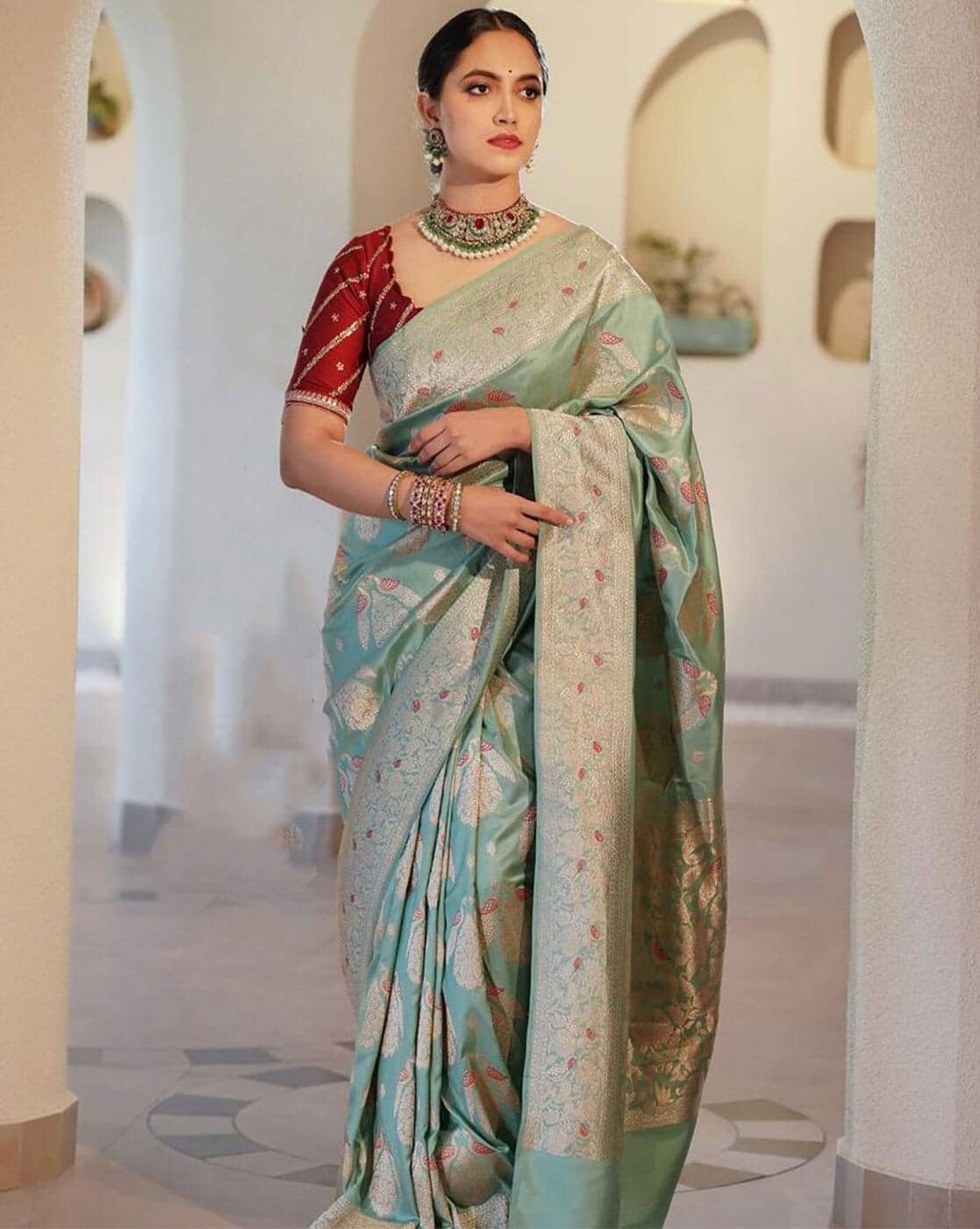 Sindharat Fashion Banarasi Silk Woven Saree With Unstitched Blouse Piece ( Sea Green ) - Sarees | Buy online on ZillyBuy