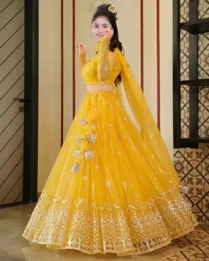     			Vushia Net Lehenga Choli Set For Girls ( Pack of 1 , Yellow )