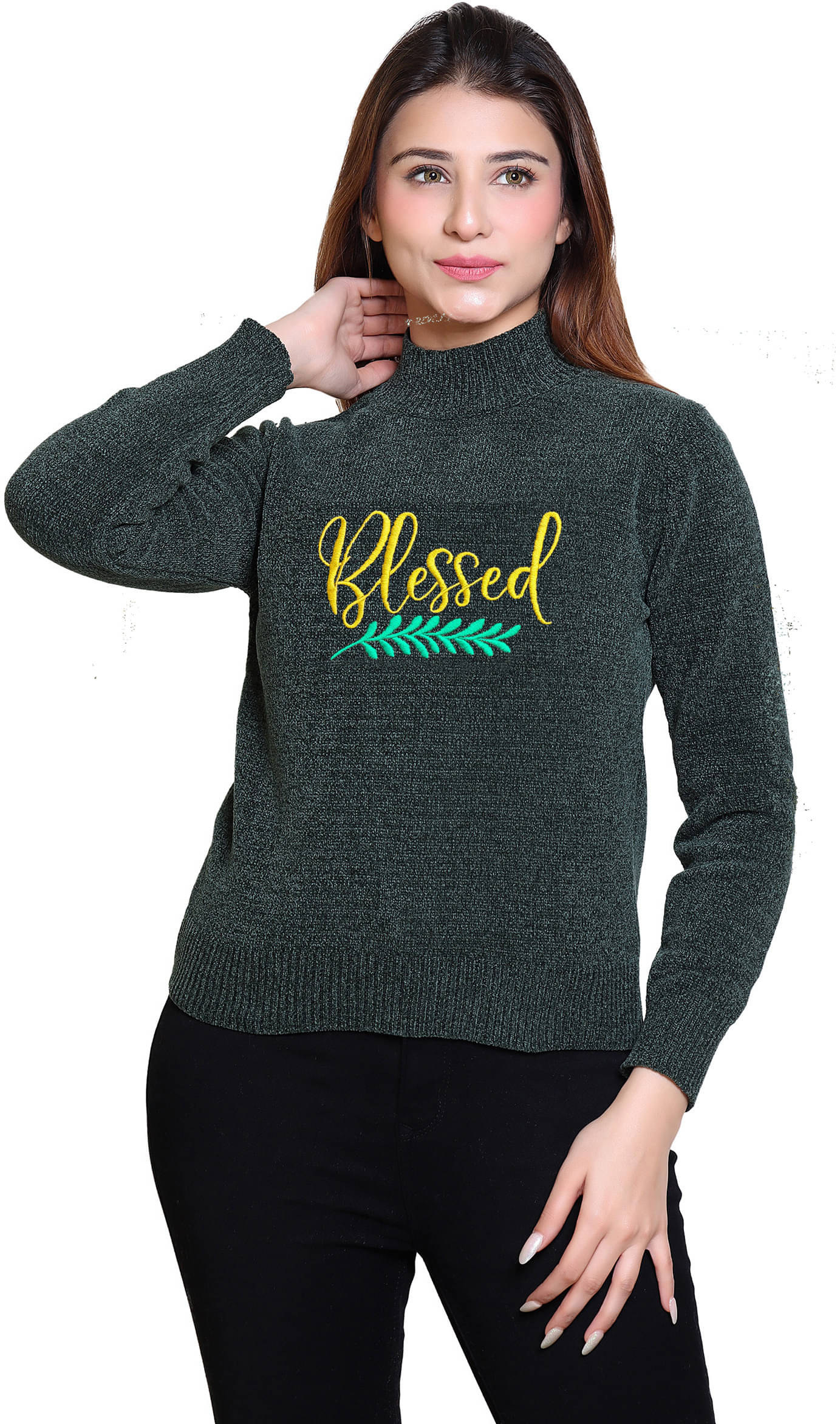     			reveller Polyester Blend Round Neck Women's Pullovers - Green (Pack of 1)