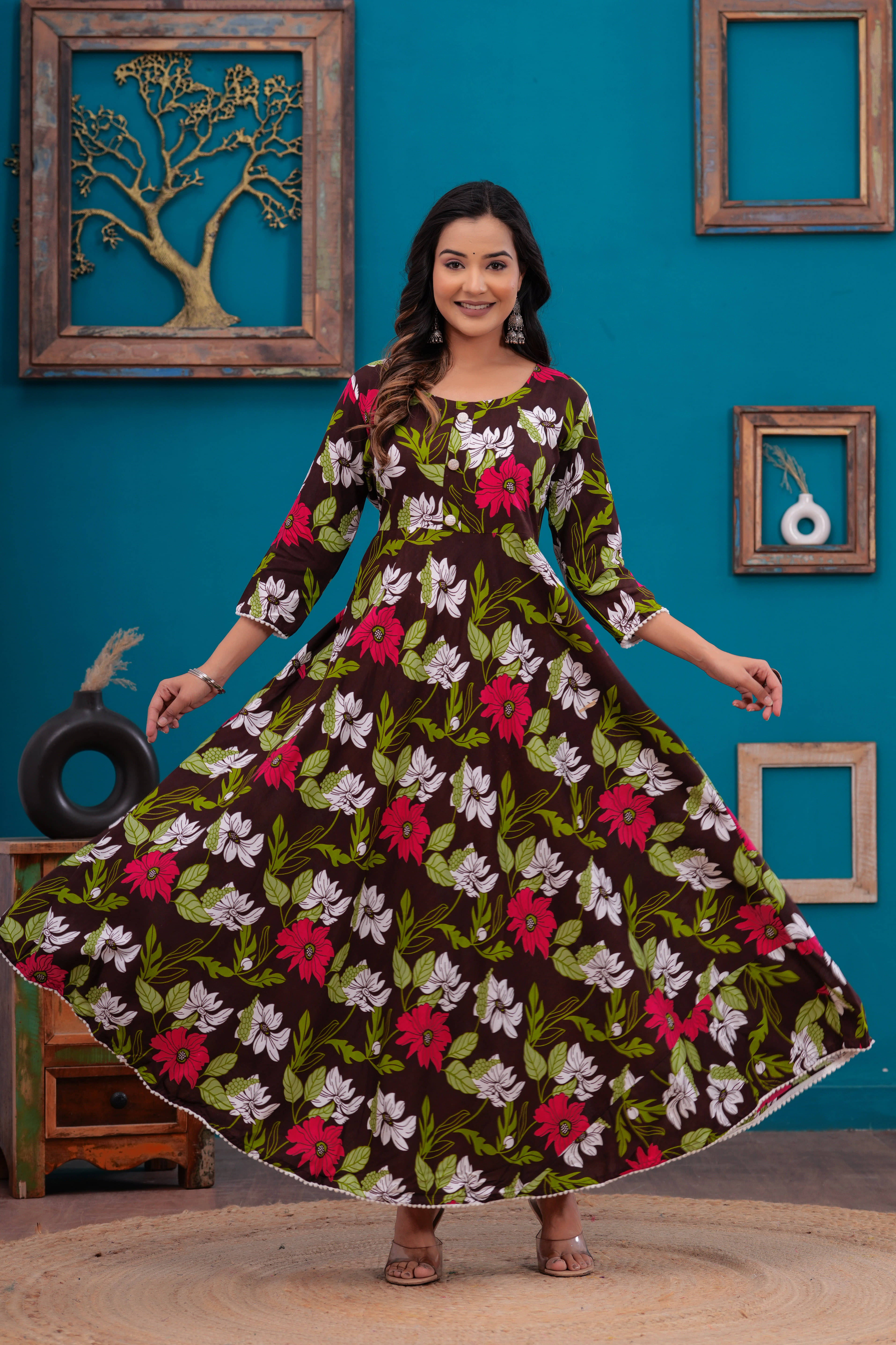 ANNEIV Pack of 1 Rayon Printed Anarkali Women's Kurti - ( Brown ) ANNEIV Pack of 1 Rayon Printed Anarkali Women's Kurti - ( Brown )