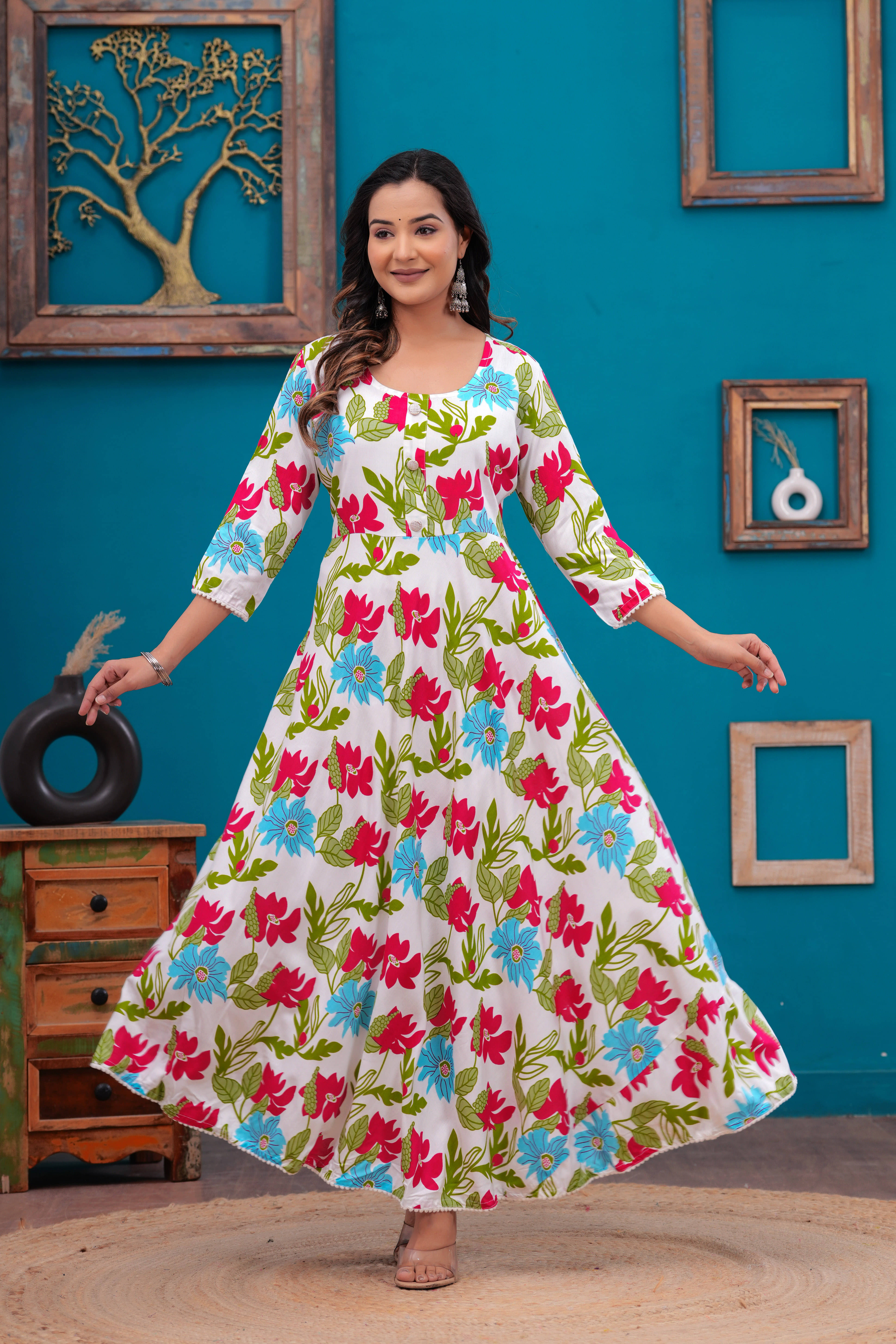     			ANNEIV Pack of 1 Rayon Printed Anarkali Women's Kurti - ( Pink )