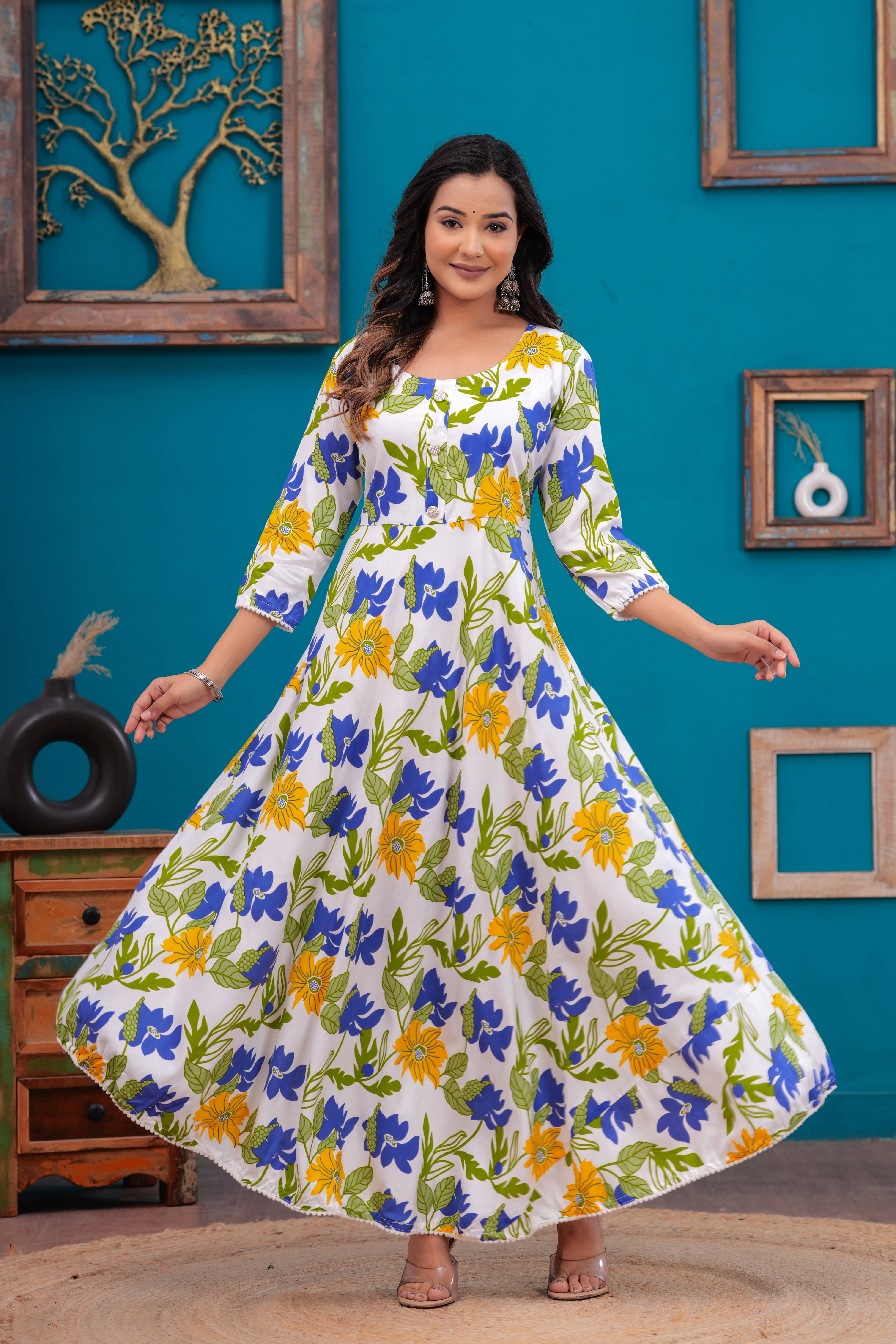 ANNEIV Pack of 1 Rayon Printed Anarkali Women's Kurti - ( Blue ) - Kurtis, Tunics | Buy online on ZillyBuy