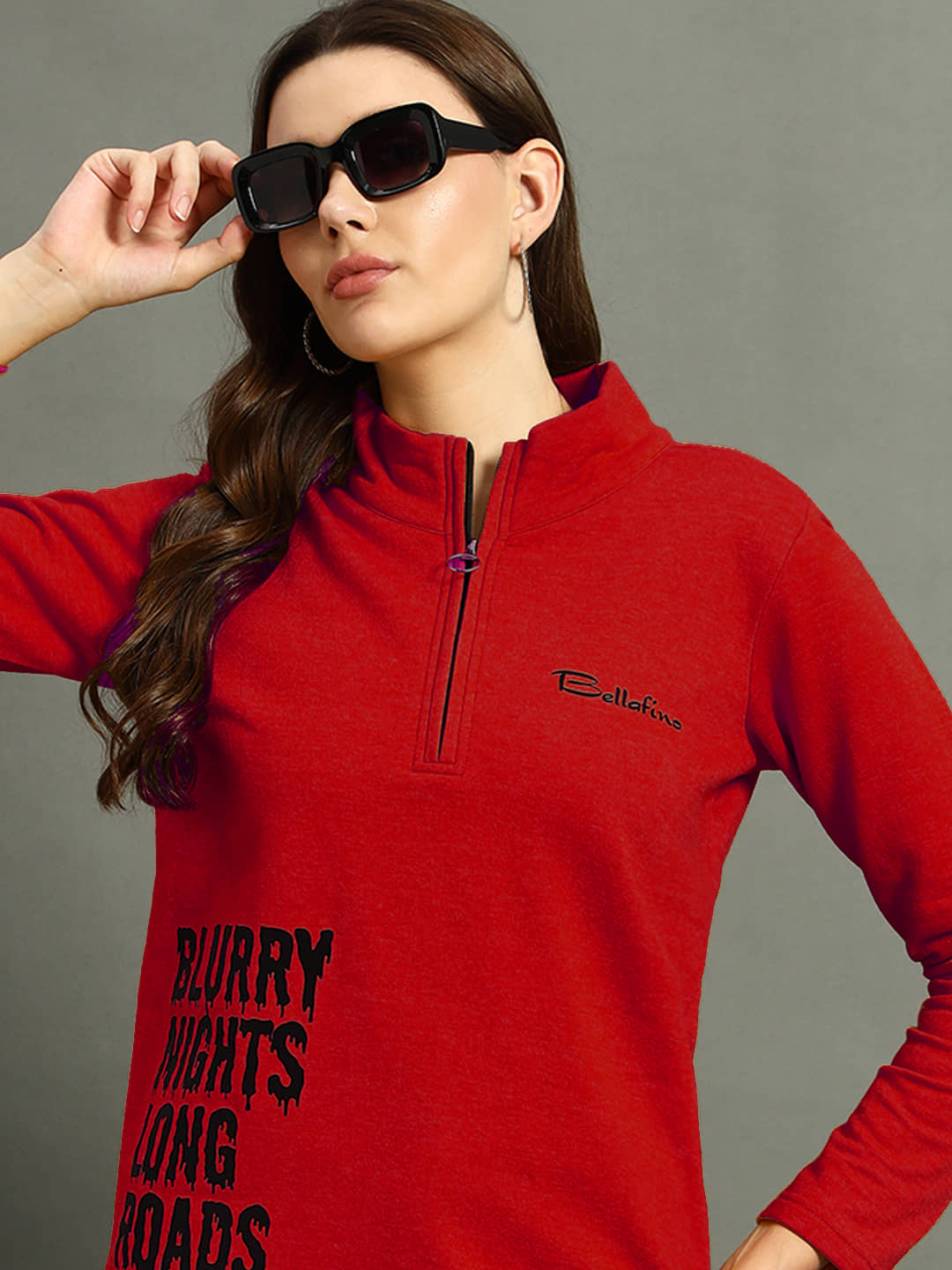 BELLAFINO Women Fleece High Neck Sweatshirt For ( Red )