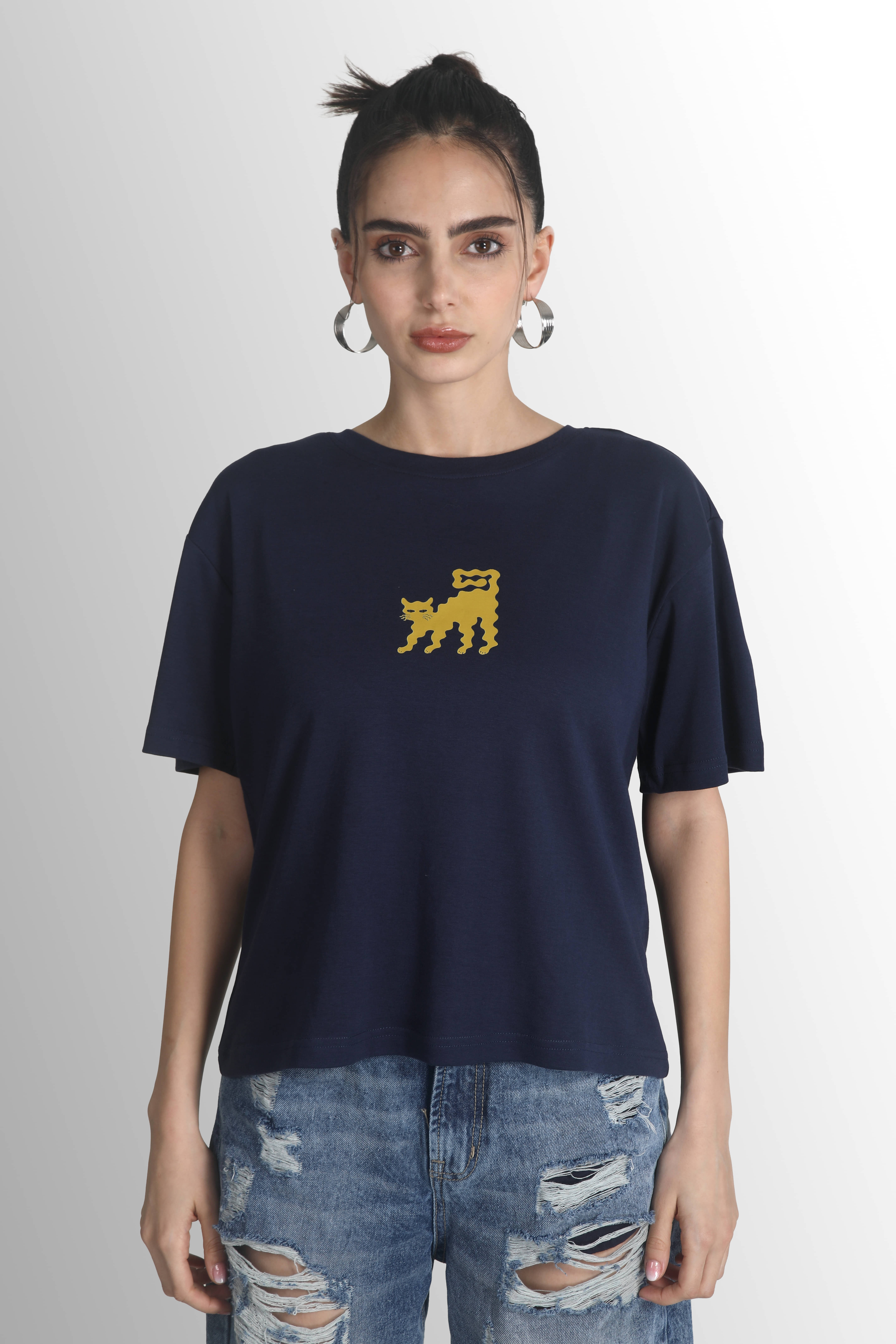 Bene Kleed Women Cotton Solid Oversized Fit Round Neck T-Shirt ( Navy ) Bene Kleed Women Cotton Solid Oversized Fit Round Neck T-Shirt ( Navy )