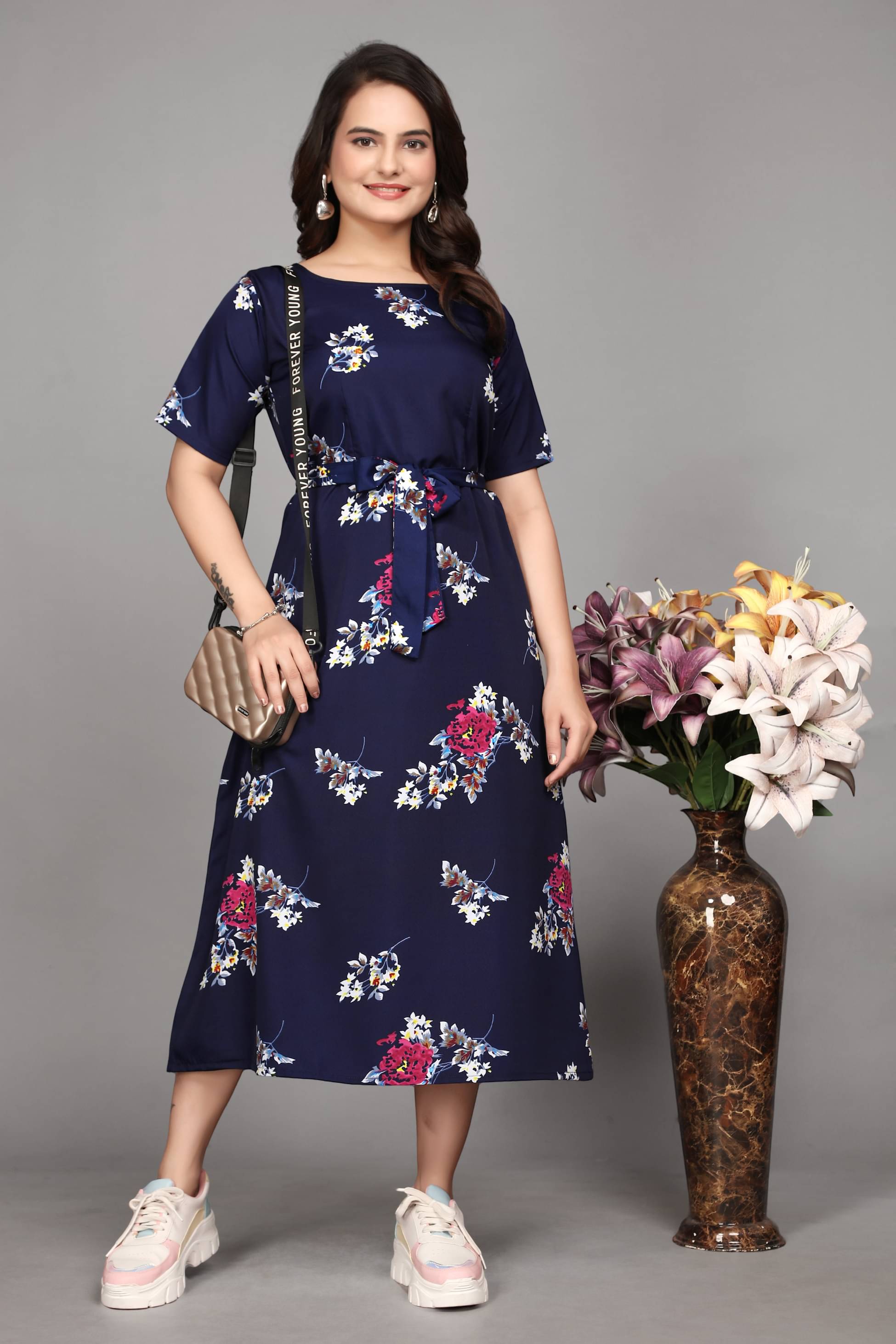 Devakii Crepe Printed Ankle Length Women's A-line Dress - Navy Blue ( Pack of 1 ) Devakii Crepe Printed Ankle Length Women's A-line Dress - Navy Blue ( Pack of 1 )