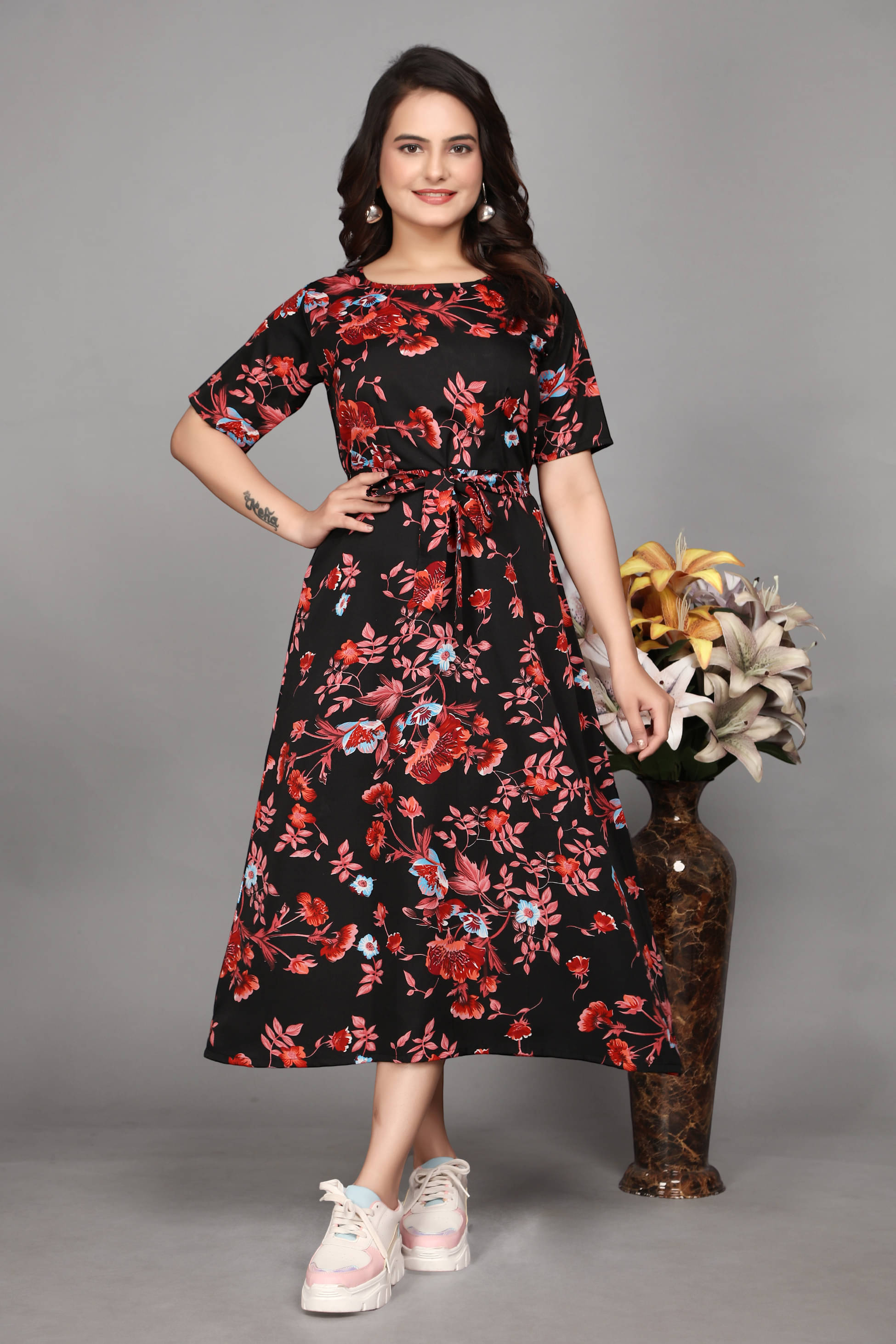 Devakii Women Crepe Printed Fit & Flare Dress ( Black ) Devakii Women Crepe Printed Fit & Flare Dress ( Black )