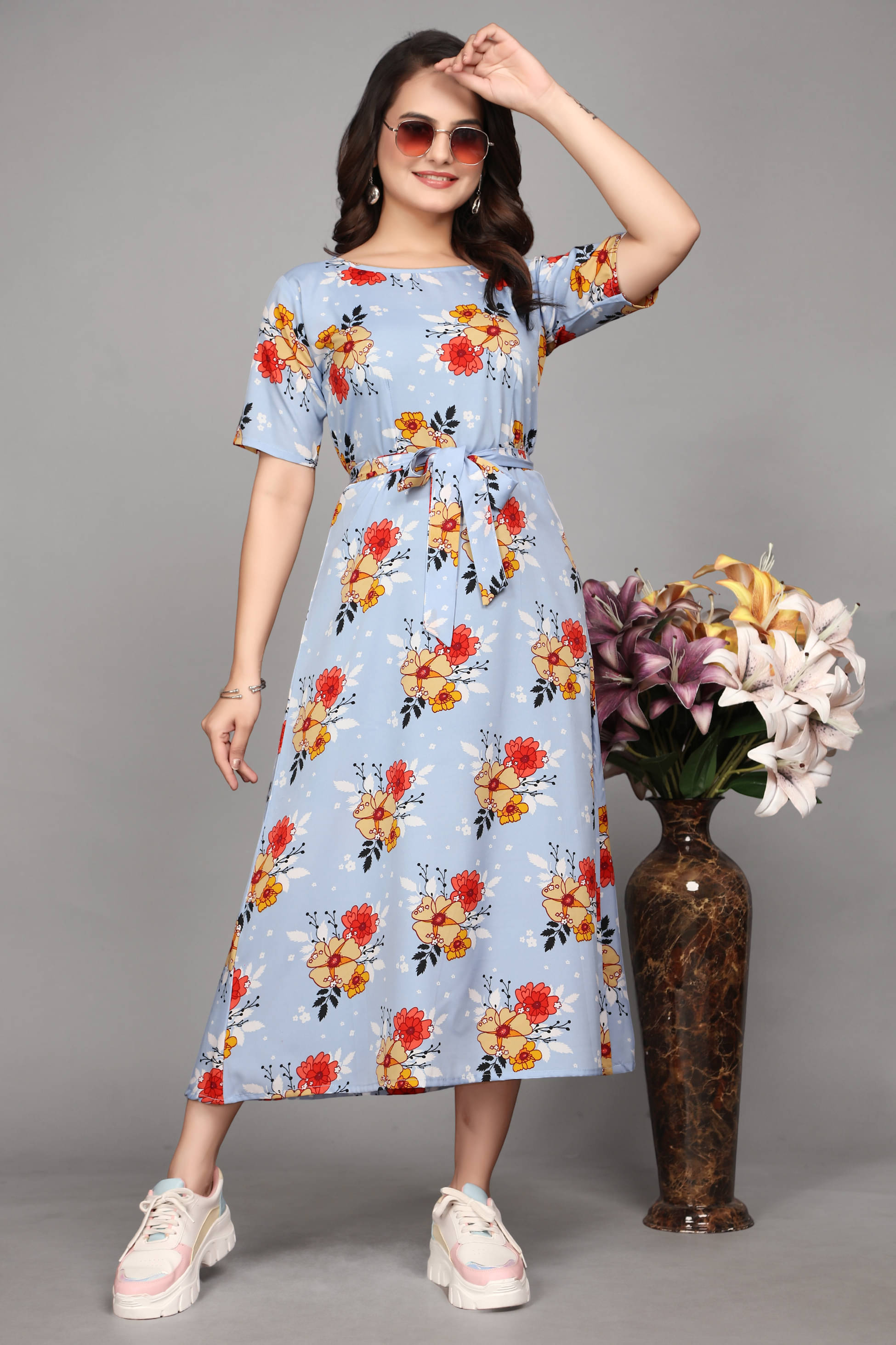 Devakii Women Crepe Printed Fit & Flare Dress ( Blue ) Devakii Women Crepe Printed Fit & Flare Dress ( Blue )