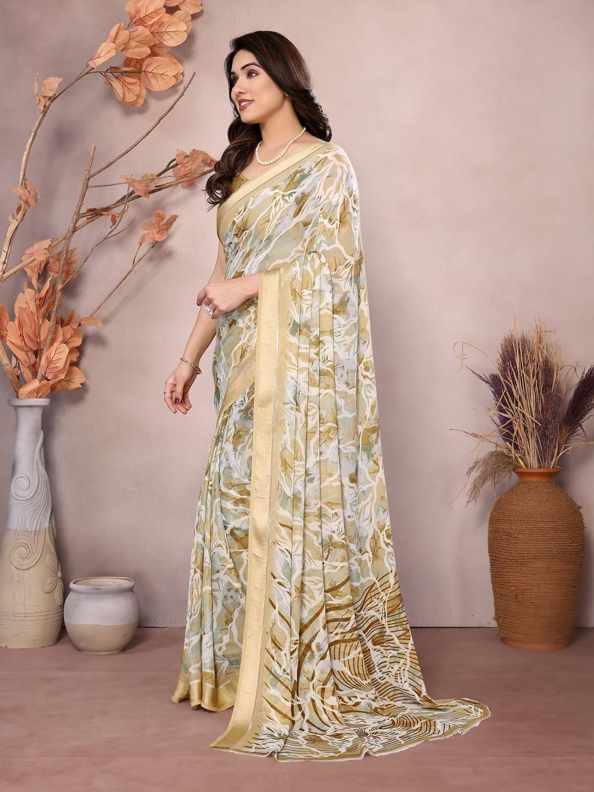     			Gazal Fashions Satin Printed Saree With Unstitched Blouse Piece ( Yellow )