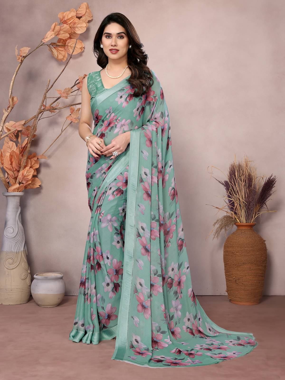     			Gazal Fashions Satin Printed Saree With Unstitched Blouse Piece ( Rama )