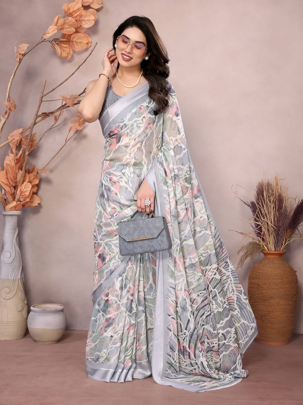     			Gazal Fashions Satin Printed Saree With Unstitched Blouse Piece ( Grey )