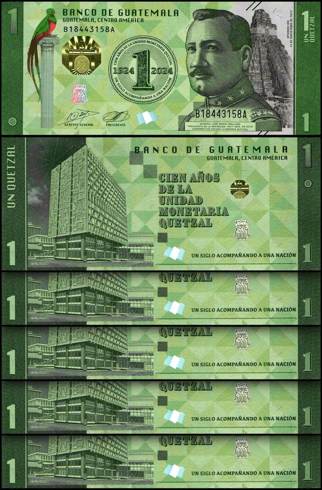 Guatemala 1 Quetzal Consecutive Serial 5 Notes in Top Grade Gem UNC Guatemala 1 Quetzal Consecutive Serial 5 Notes in Top Grade Gem UNC