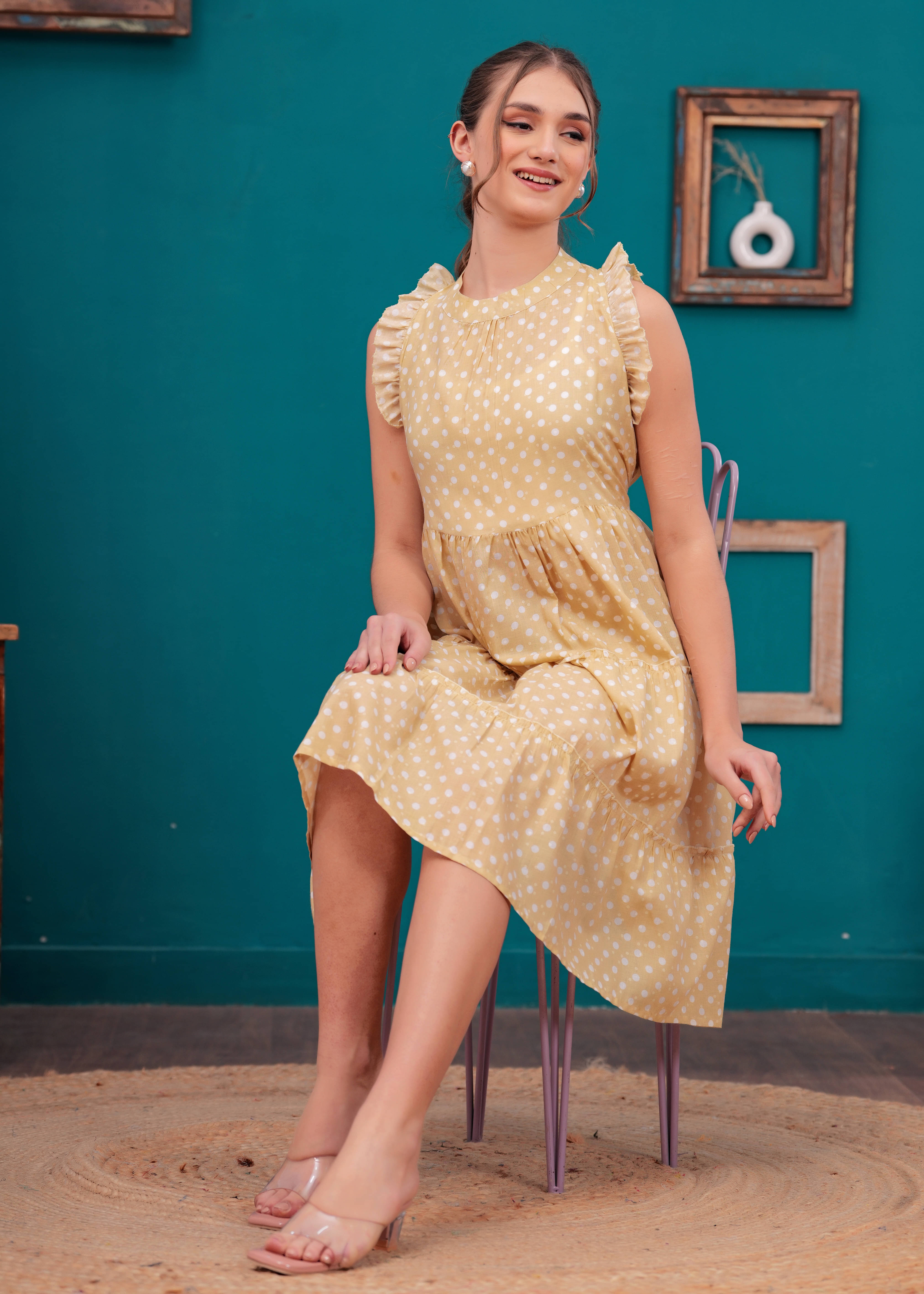 HIGHLIGHT FASHION EXPORT Women Cotton Printed Fit & Flare Dress ( Yellow ) HIGHLIGHT FASHION EXPORT Women Cotton Printed Fit & Flare Dress ( Yellow )