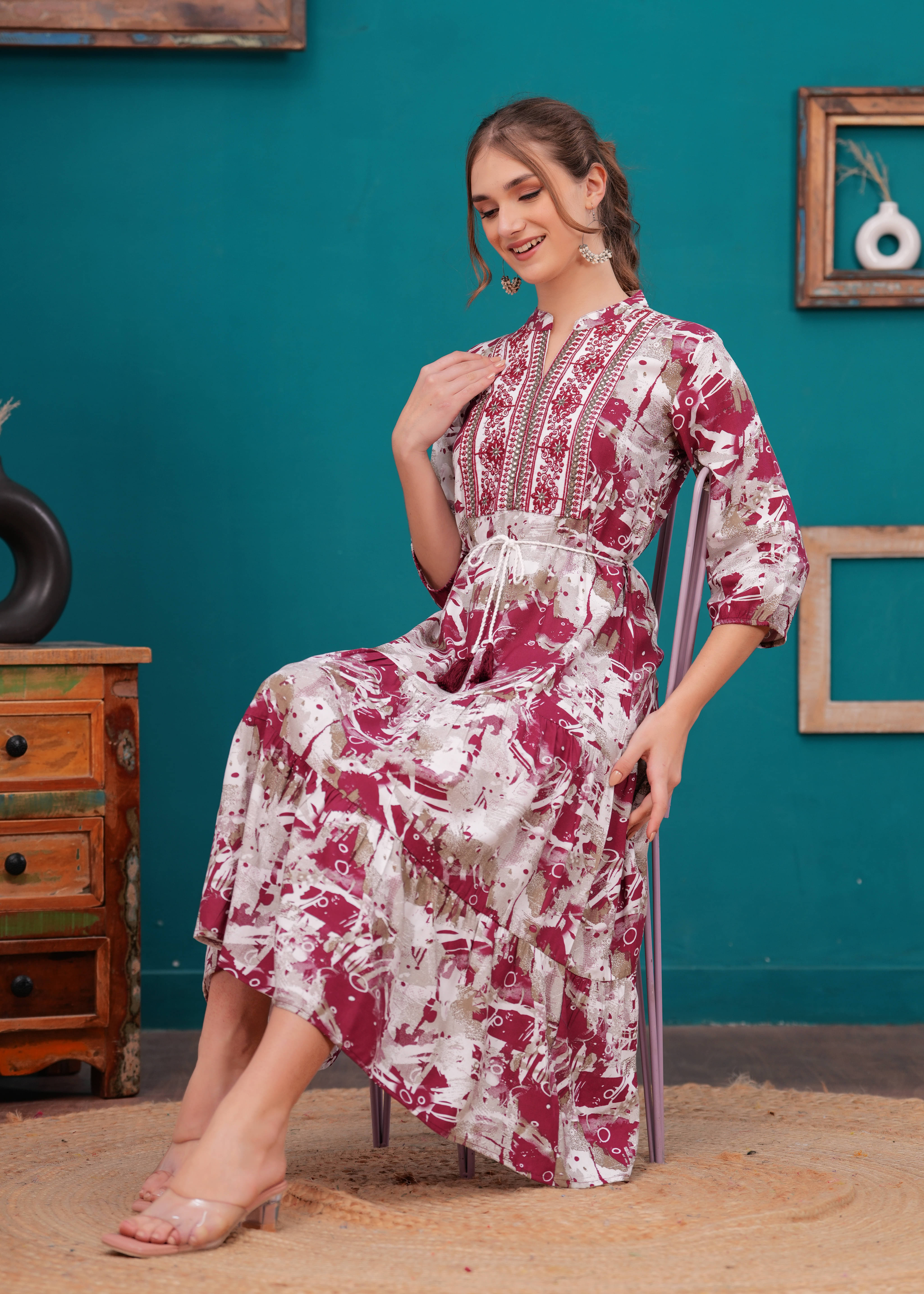     			HIGHLIGHT FASHION EXPORT Women Viscose Printed Fit & Flare Dress ( Maroon )