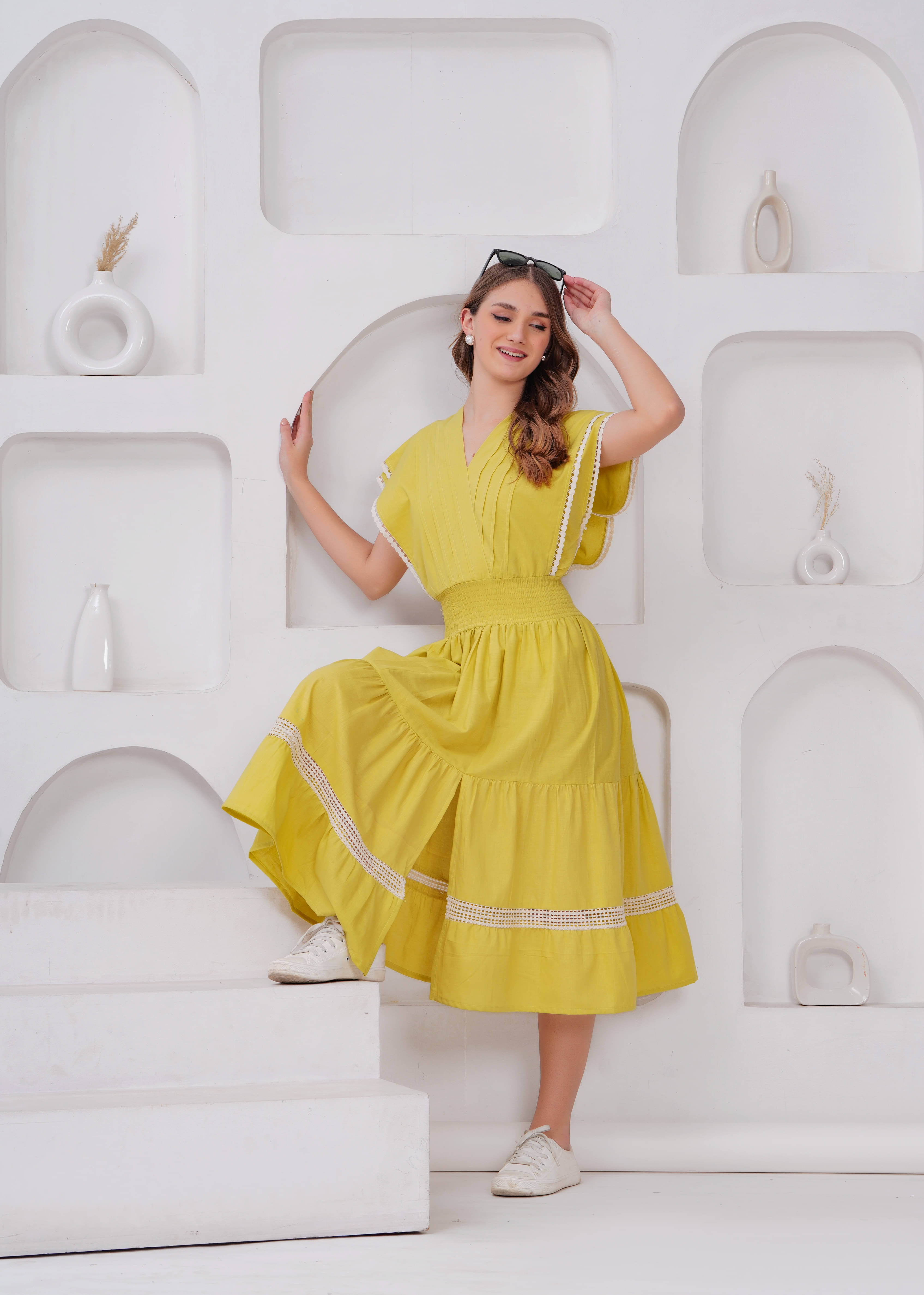 JC4U Women Cotton Self Design Fit & Flare Dress ( Yellow ) JC4U Women Cotton Self Design Fit & Flare Dress ( Yellow )
