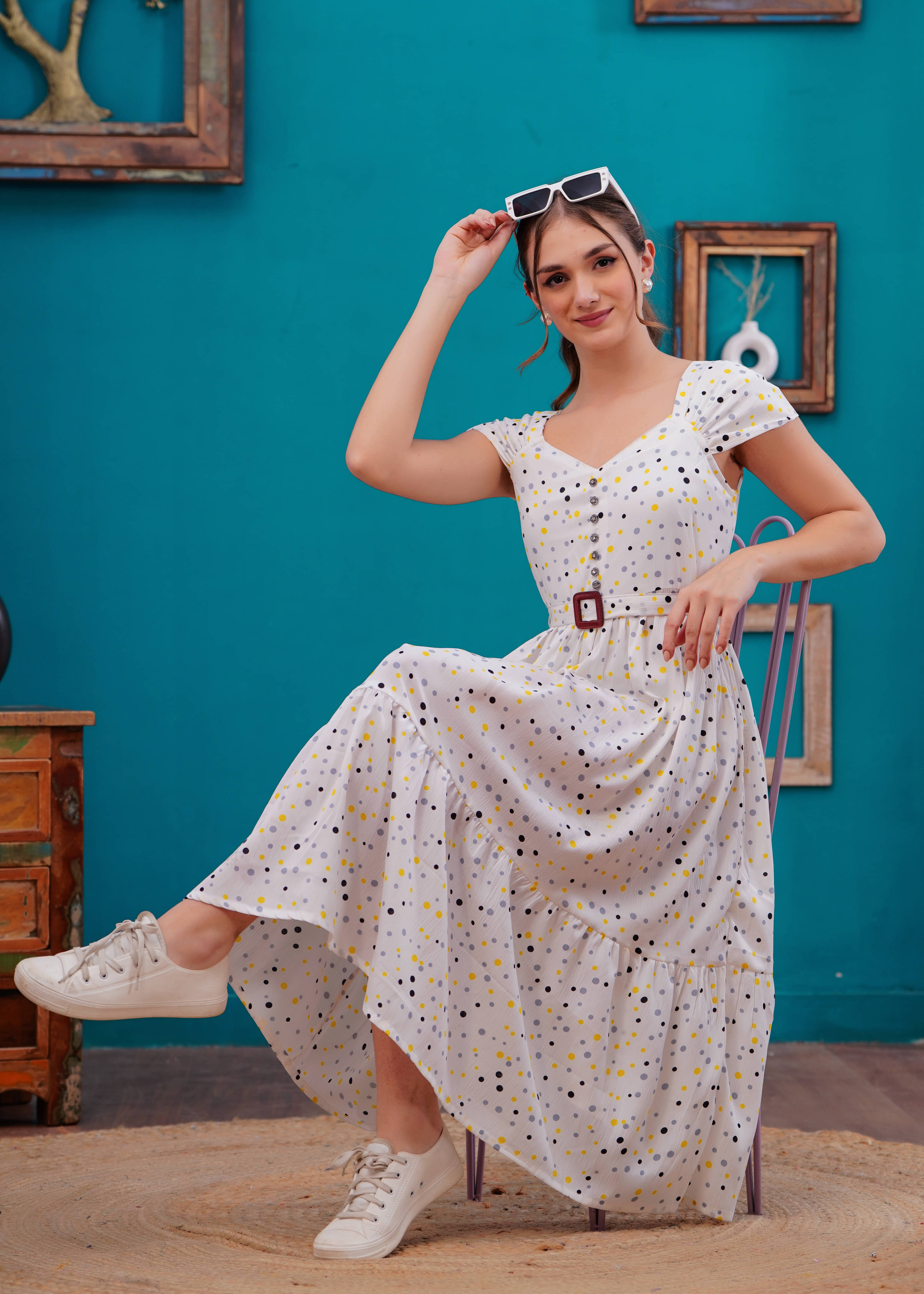     			JC4U Women Crepe Printed Fit & Flare Dress ( Yellow )