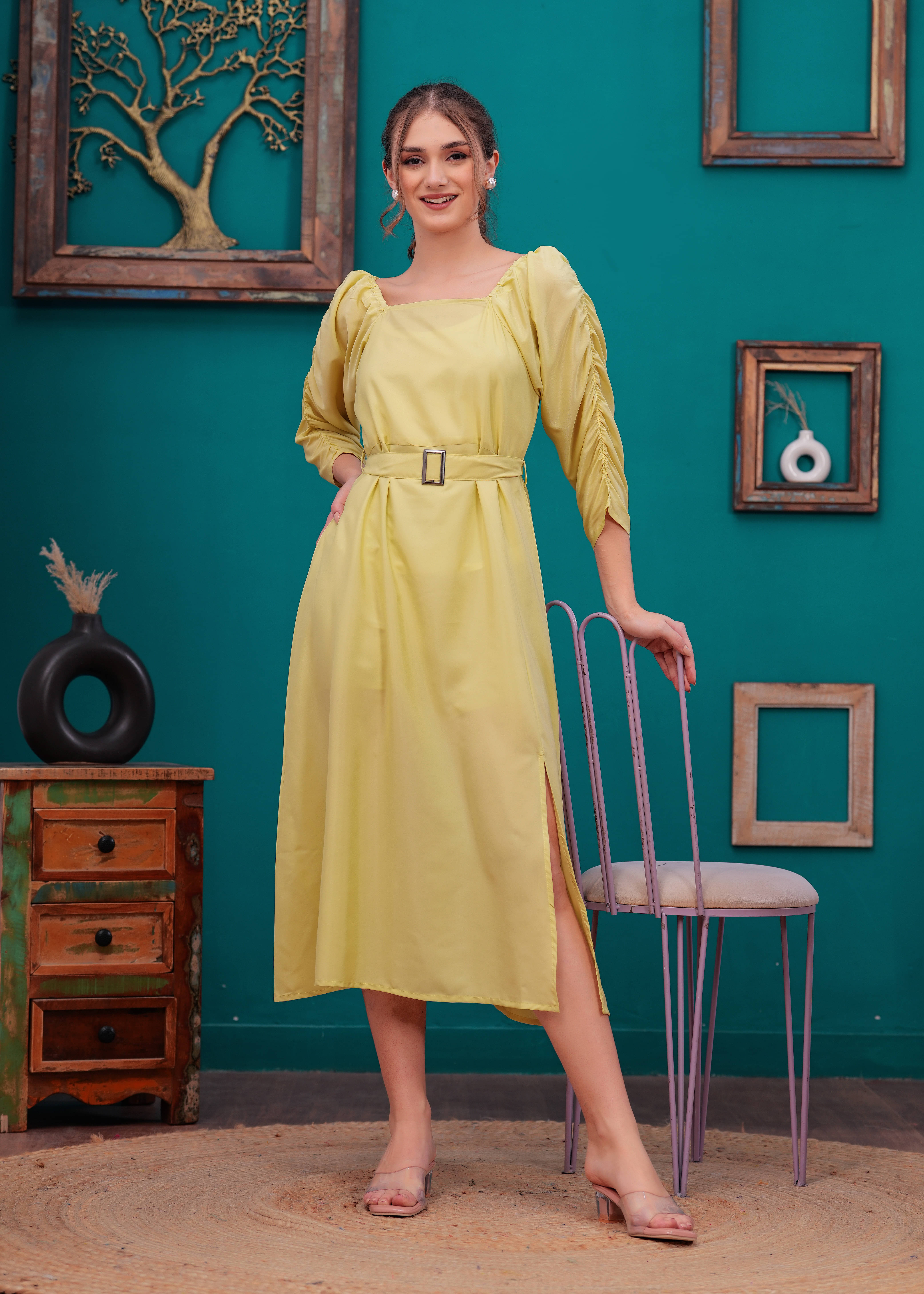     			JC4U Women Crepe Self Design Fit & Flare Dress ( Yellow )
