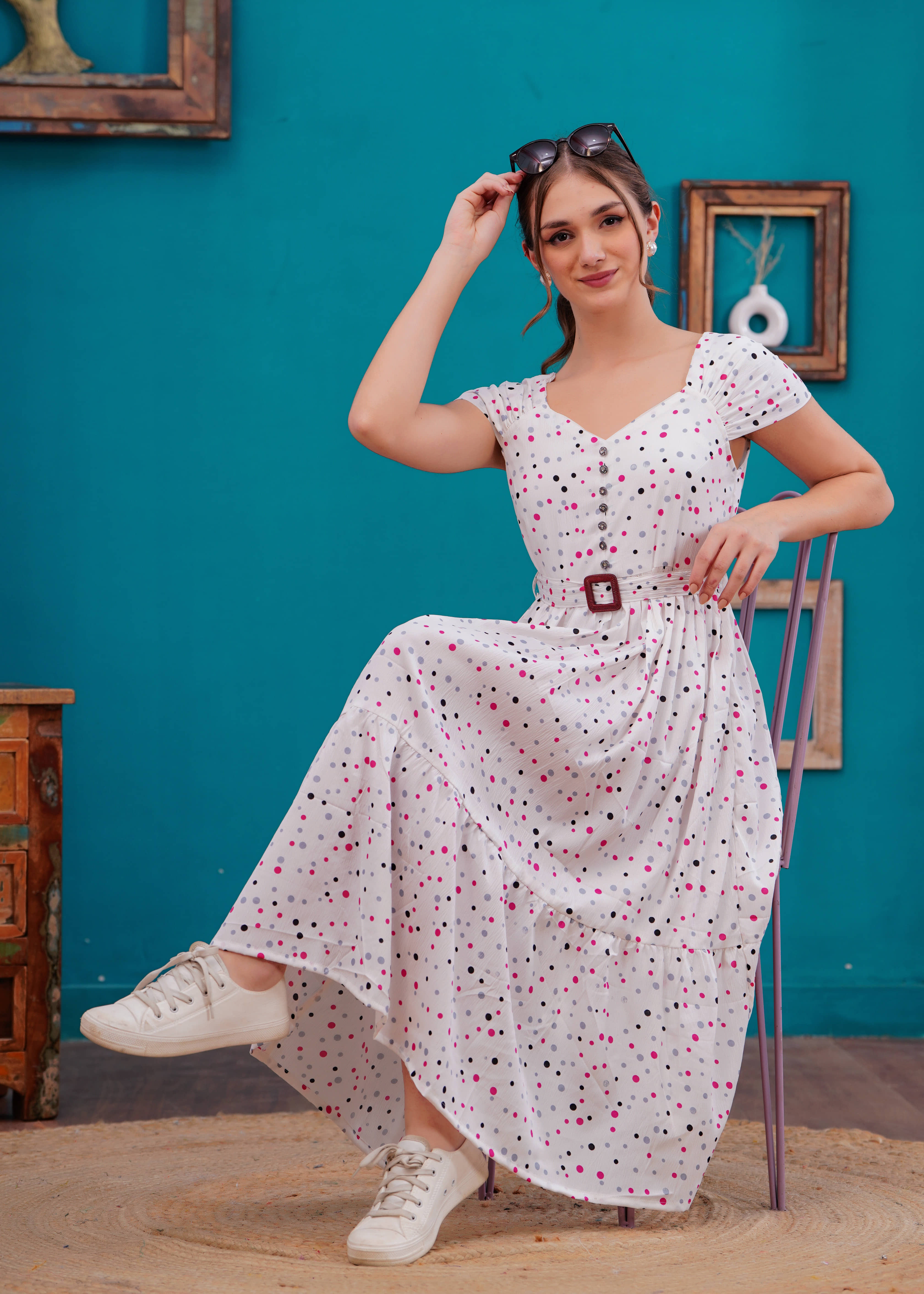 JC4U Women Crepe Printed Fit & Flare Dress ( Pink )