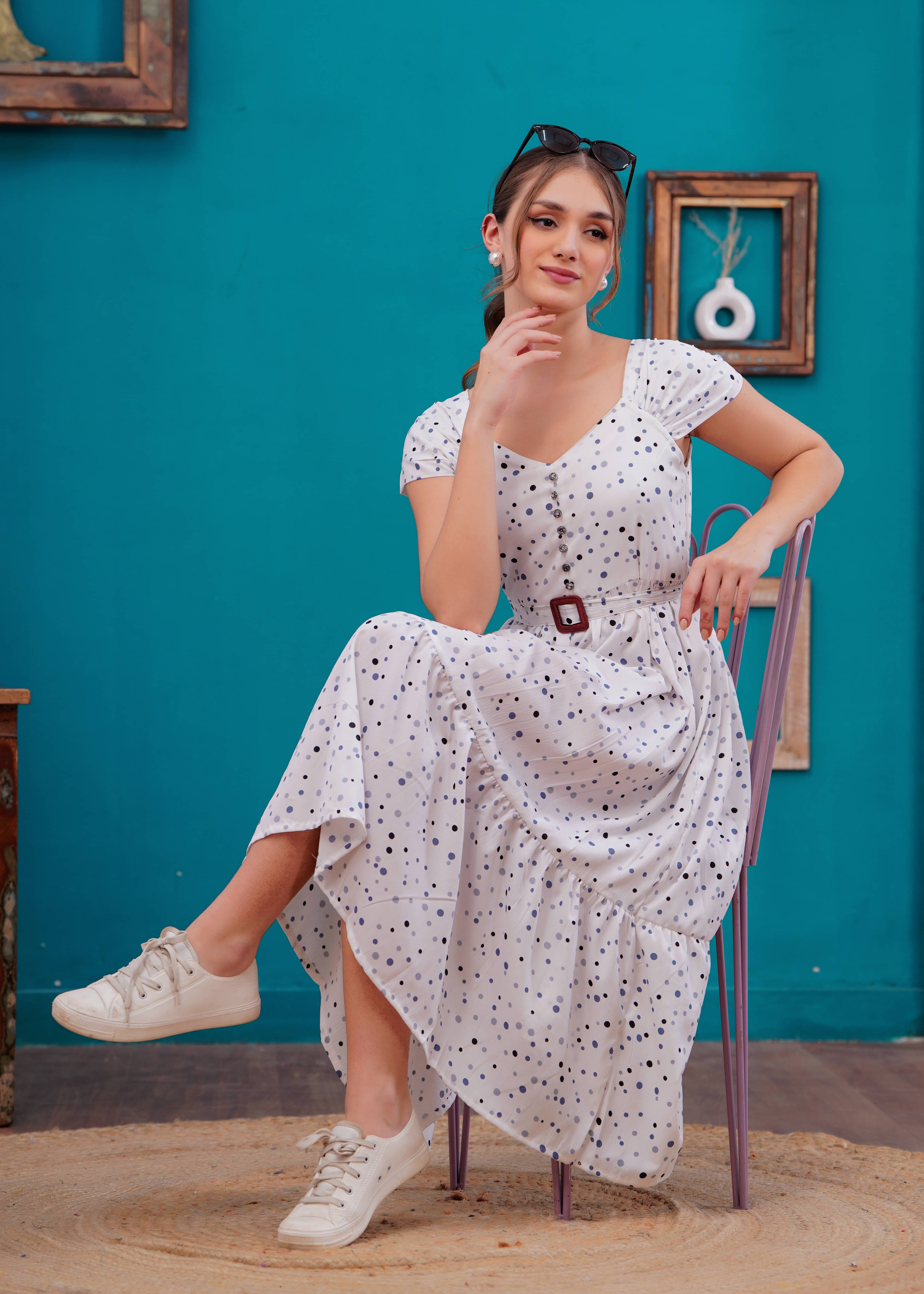     			JC4U Women Crepe Printed Fit & Flare Dress ( Blue )