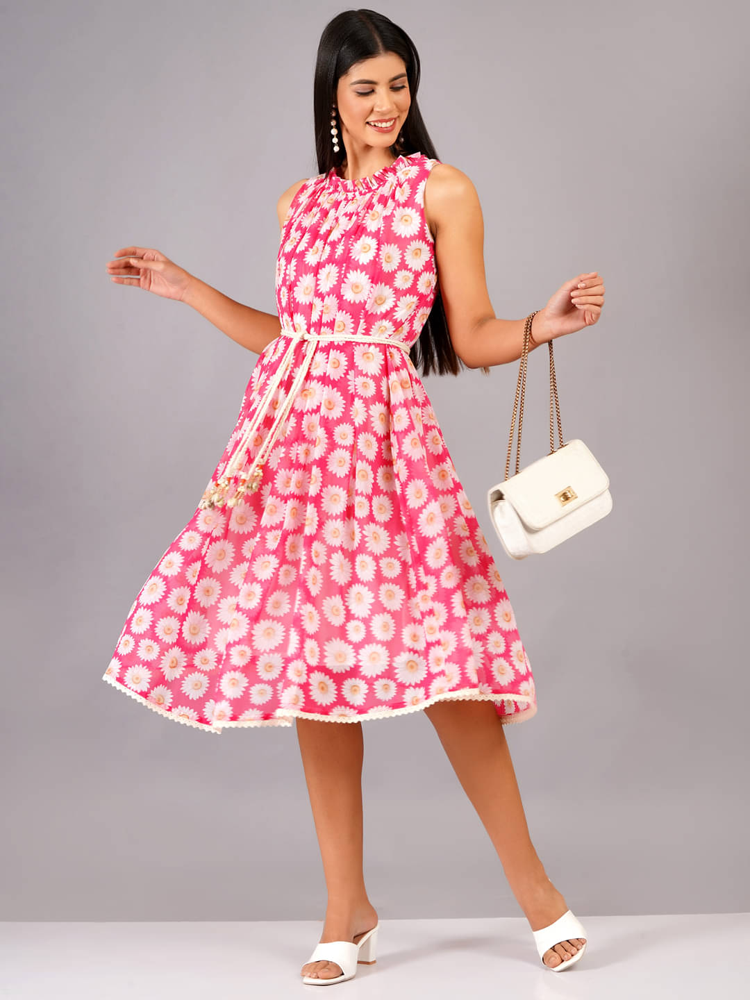 JC4U Women Georgette Printed Fit & Flare Dress ( Peach ) JC4U Women Georgette Printed Fit & Flare Dress ( Peach )