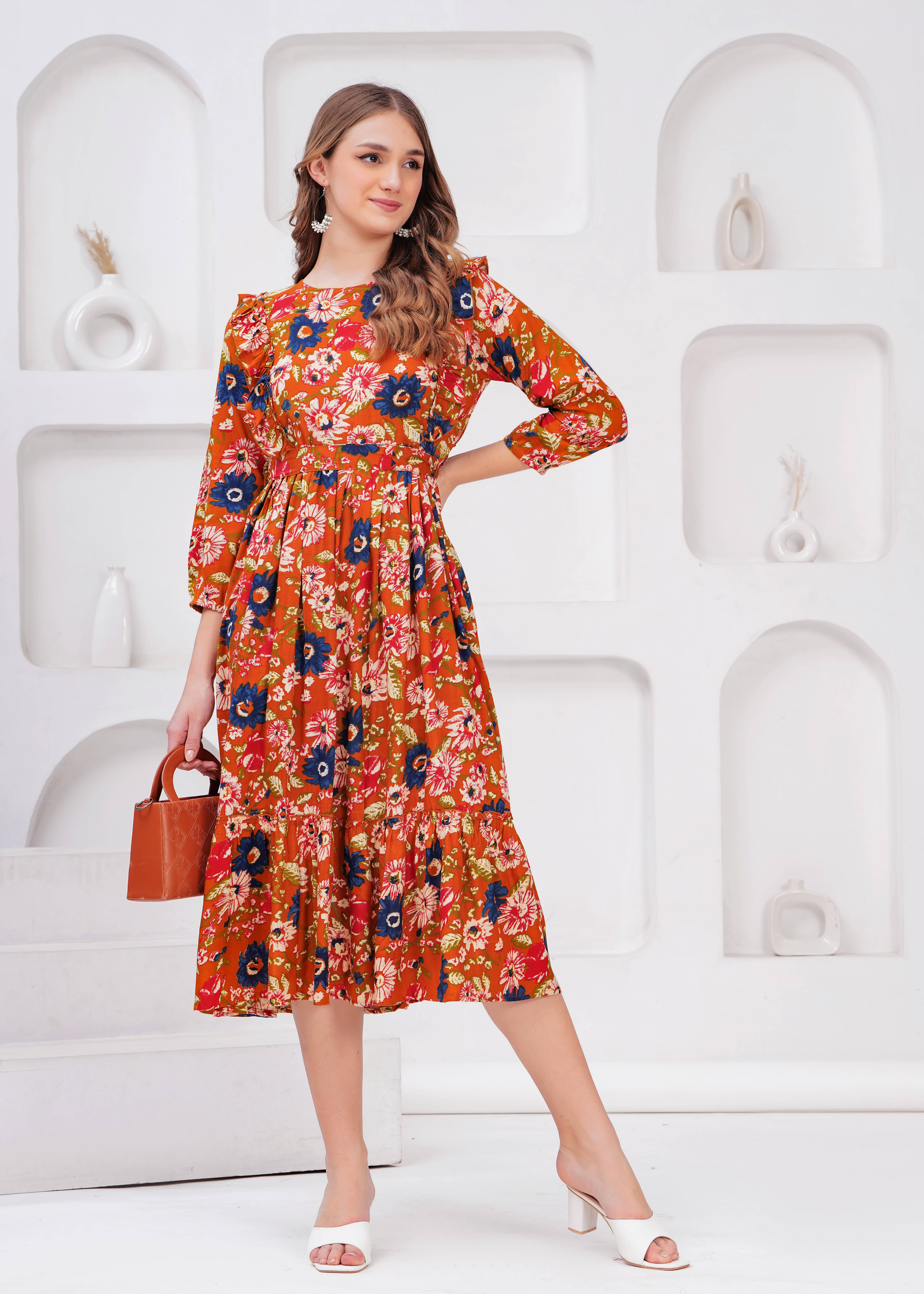 JC4U Viscose Self Design Midi Women's Fit & Flare Dress - Orange ( Pack of 1 ) JC4U Viscose Self Design Midi Women's Fit & Flare Dress - Orange ( Pack of 1 )