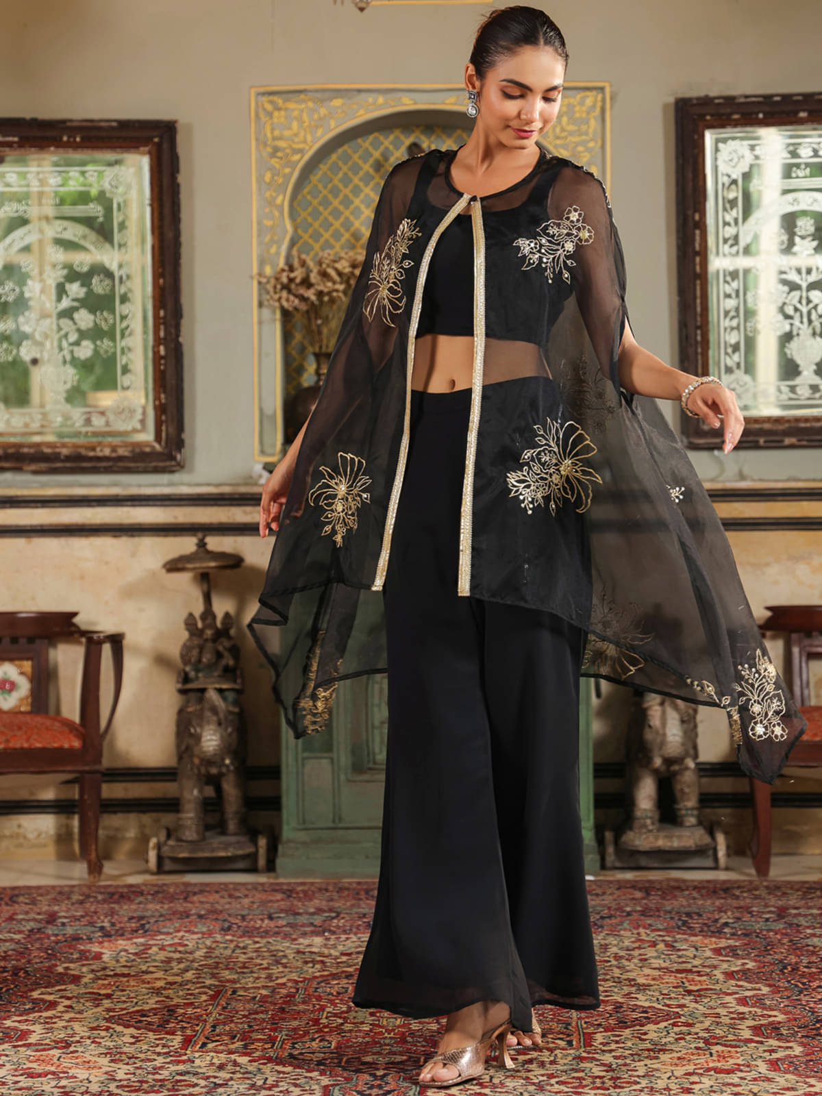     			Janasya Women Solid Top With Trousers Co-Ord Set ( Black )