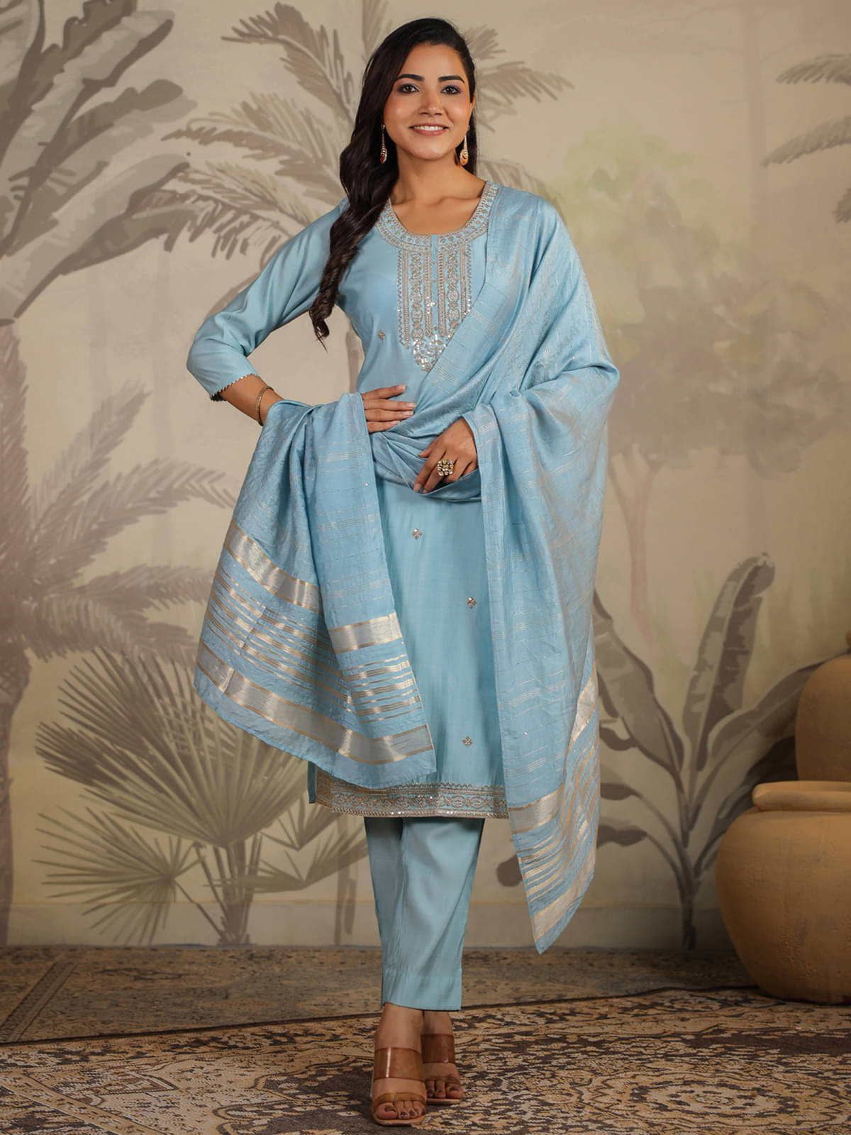 Janasya Chanderi Embellished Kurti With Pants Women's Stitched Salwar Suit - Light Blue ( Pack of 1 ) Janasya Chanderi Embellished Kurti With Pants Women's Stitched Salwar Suit - Light Blue ( Pack of 1 )