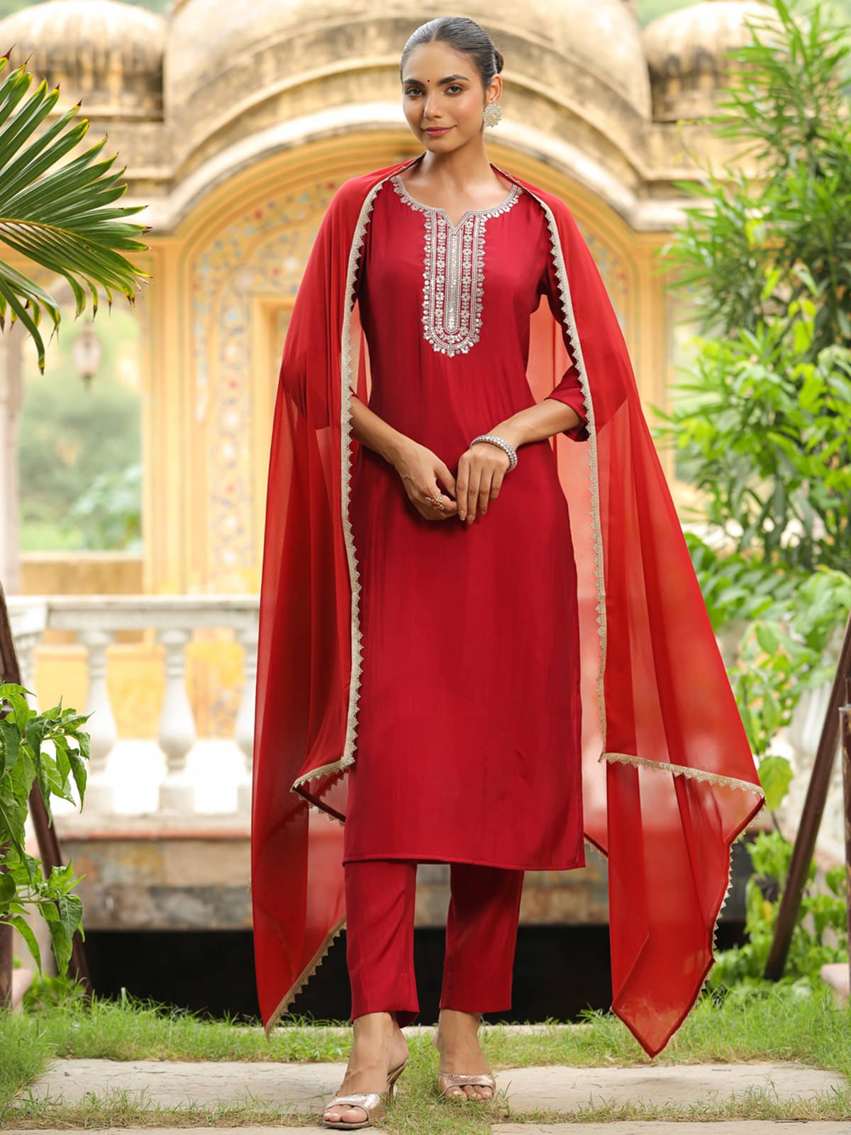     			Janasya Chanderi Embroidered Kurti With Pants Women's Stitched Salwar Suit - Maroon ( Pack of 1 )