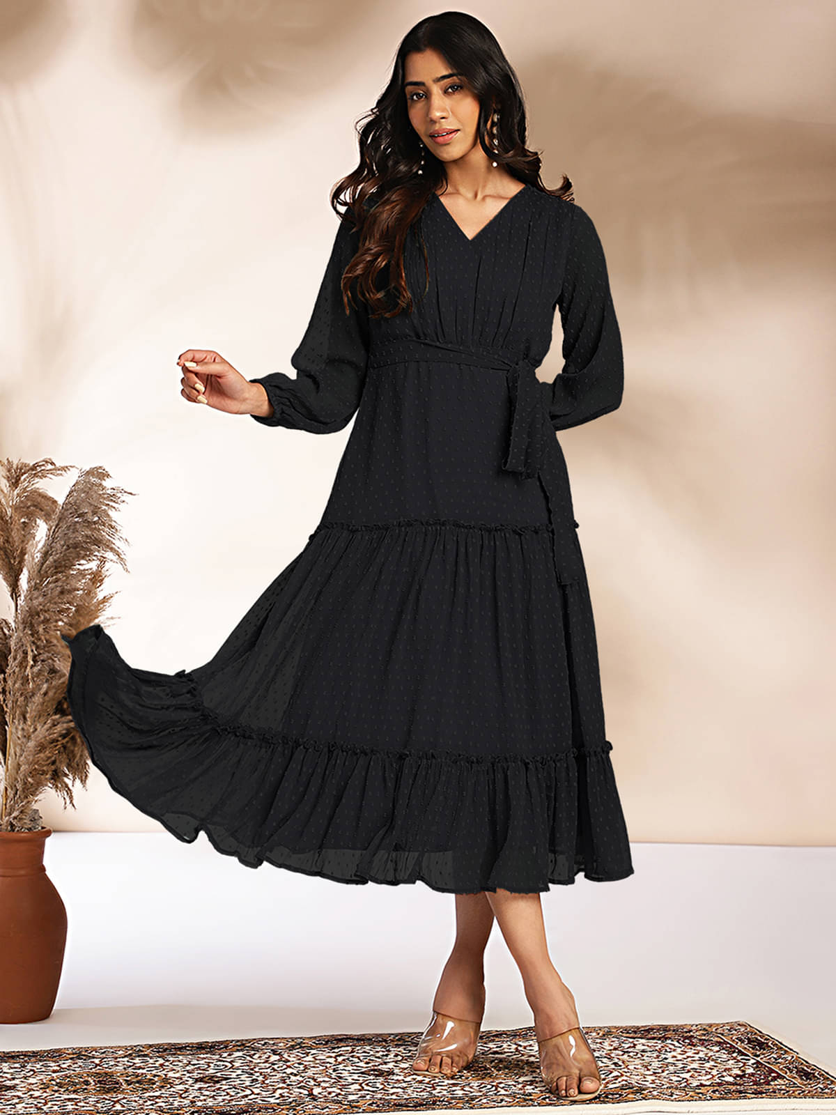 Janasya Women Chiffon Self Design Fit & Flare Dress ( Black ) Janasya Women Chiffon Self Design Fit & Flare Dress ( Black )