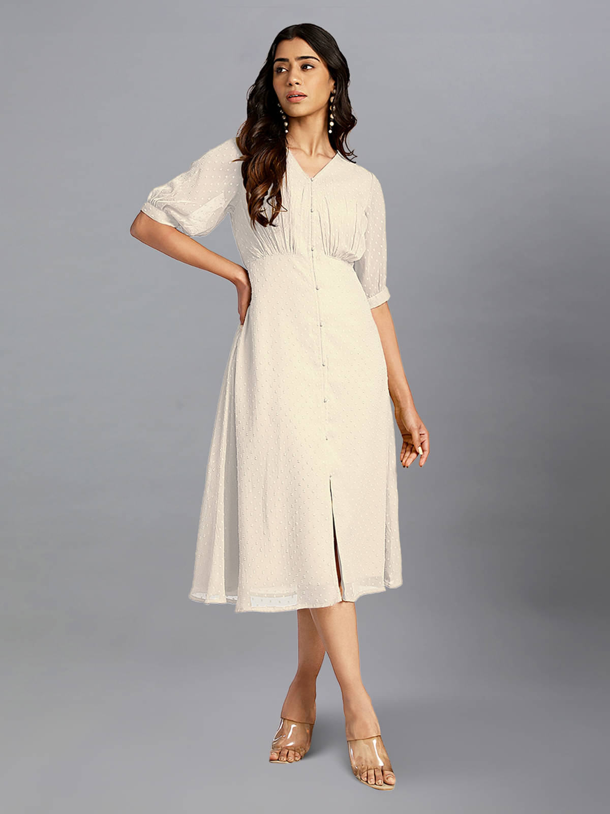 Janasya Women Chiffon Self Design A-line Dress ( Off White ) Janasya Women Chiffon Self Design A-line Dress ( Off White )