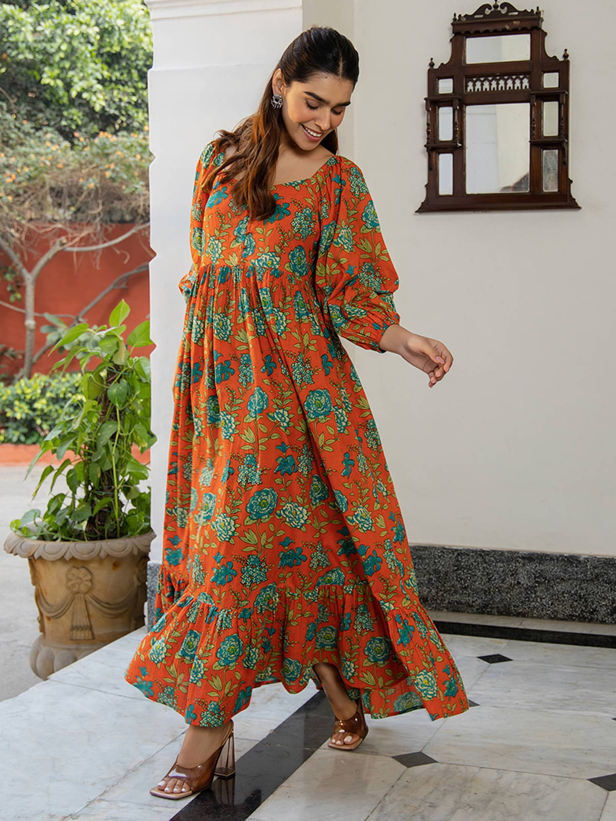     			Janasya Women Cotton Printed Fit & Flare Dress ( Rust )