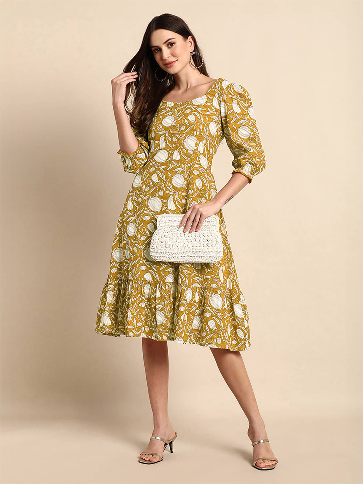 Janasya Women Cotton Printed Fit & Flare Dress ( Mustard ) Janasya Women Cotton Printed Fit & Flare Dress ( Mustard )