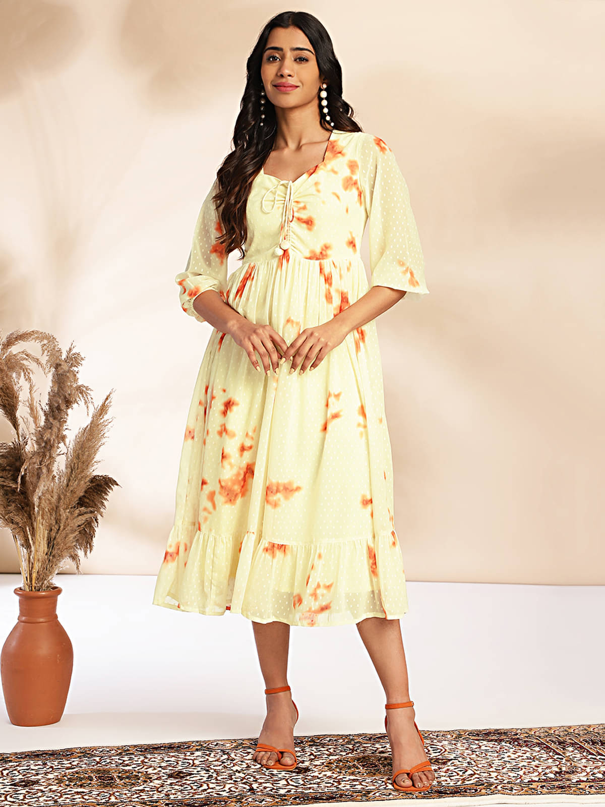 Janasya Women Georgette Dyed Fit & Flare Dress ( Yellow ) Janasya Women Georgette Dyed Fit & Flare Dress ( Yellow )