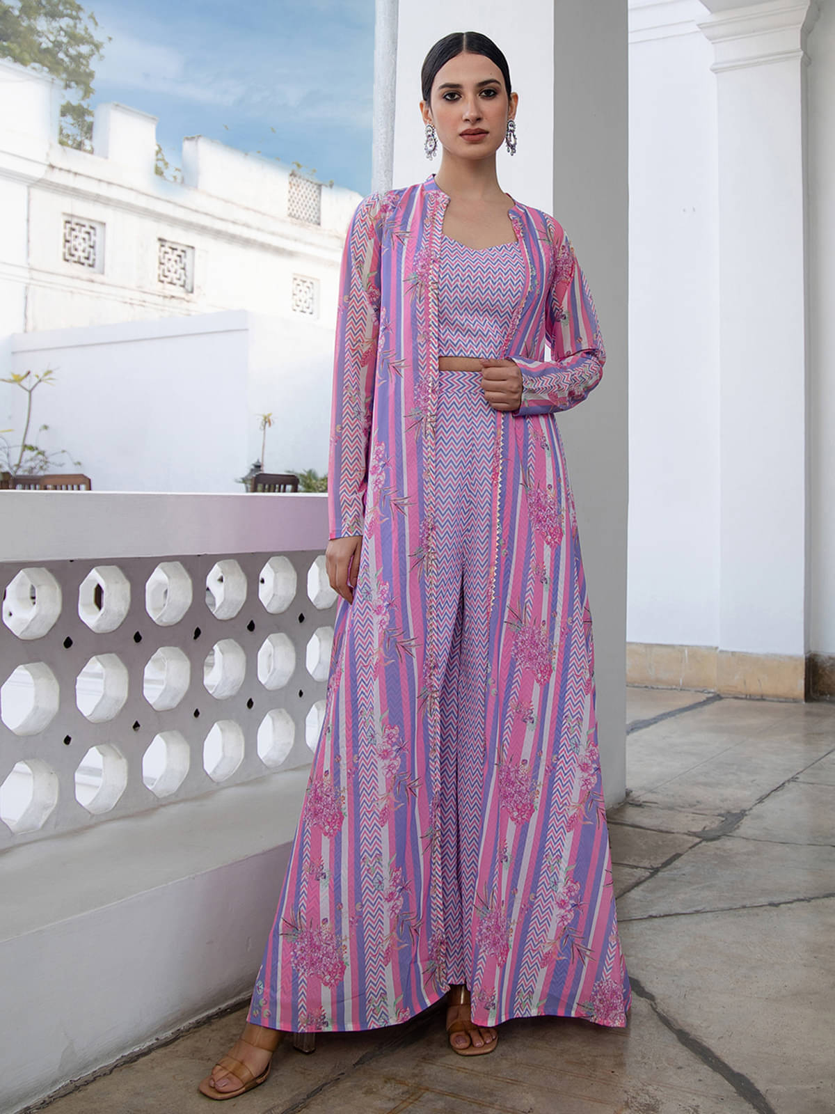     			Janasya Women Printed Top With Trousers Co-Ord Set ( Lavender )