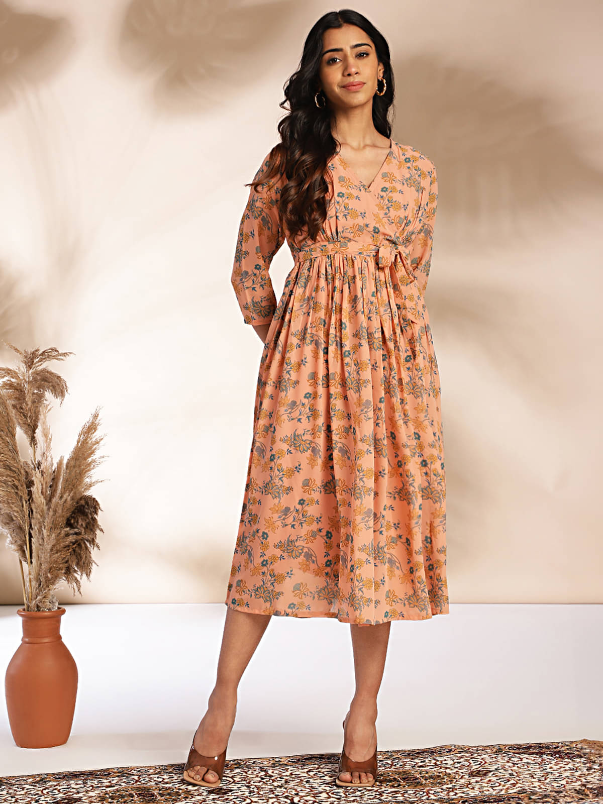     			Janasya Women Georgette Printed Wrap Dress ( Peach )
