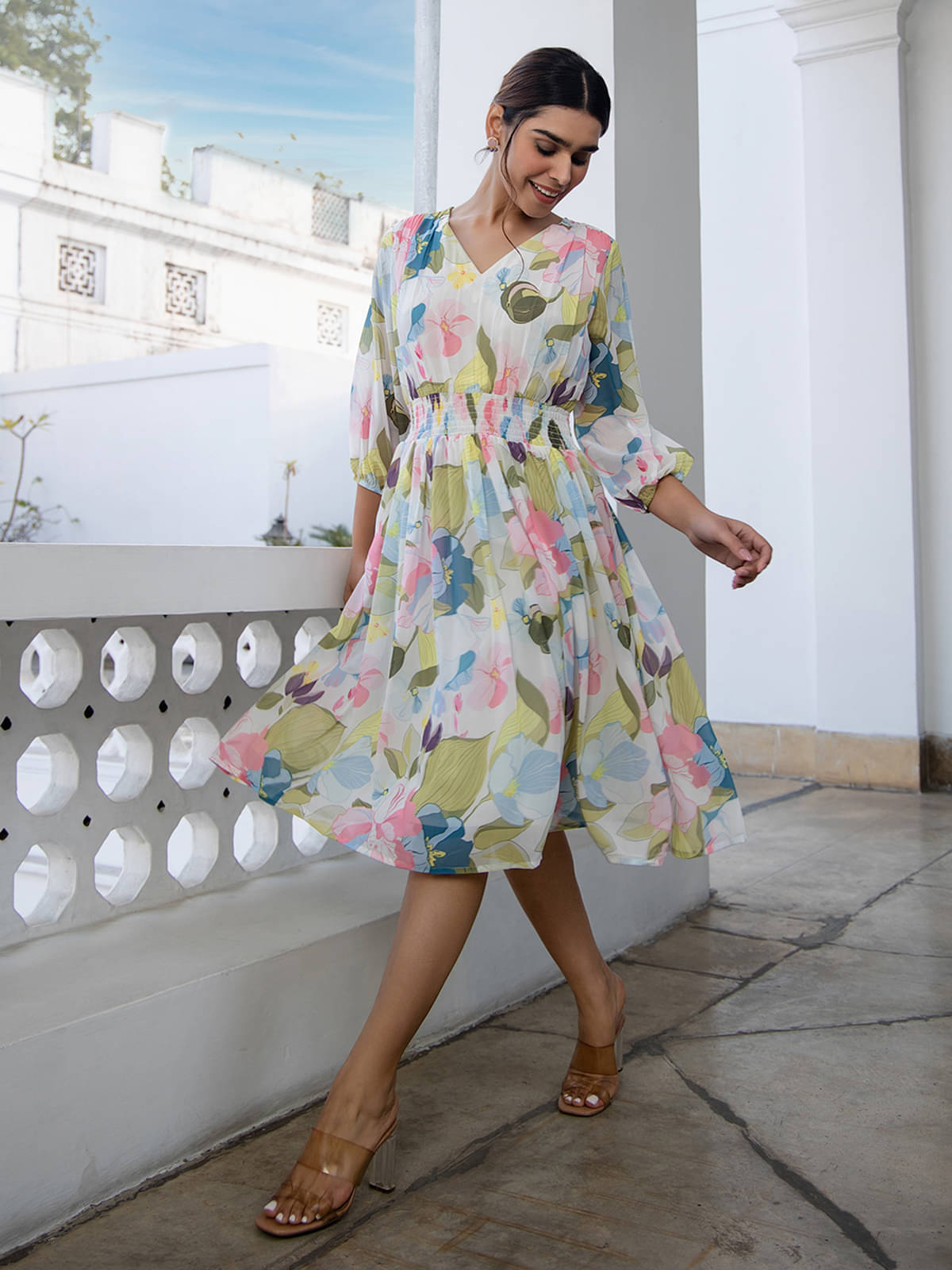 Janasya Women Georgette Printed Fit & Flare Dress ( Multi Color ) Janasya Women Georgette Printed Fit & Flare Dress ( Multi Color )
