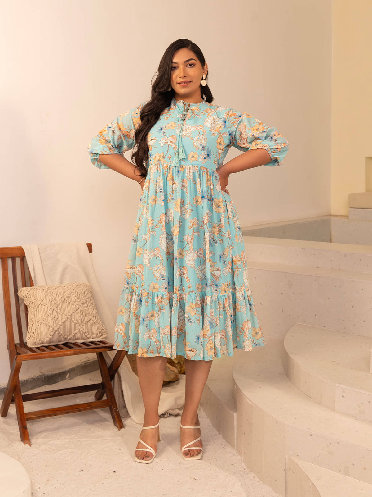 Janasya Women Georgette Printed Fit & Flare Dress ( Blue ) Janasya Women Georgette Printed Fit & Flare Dress ( Blue )