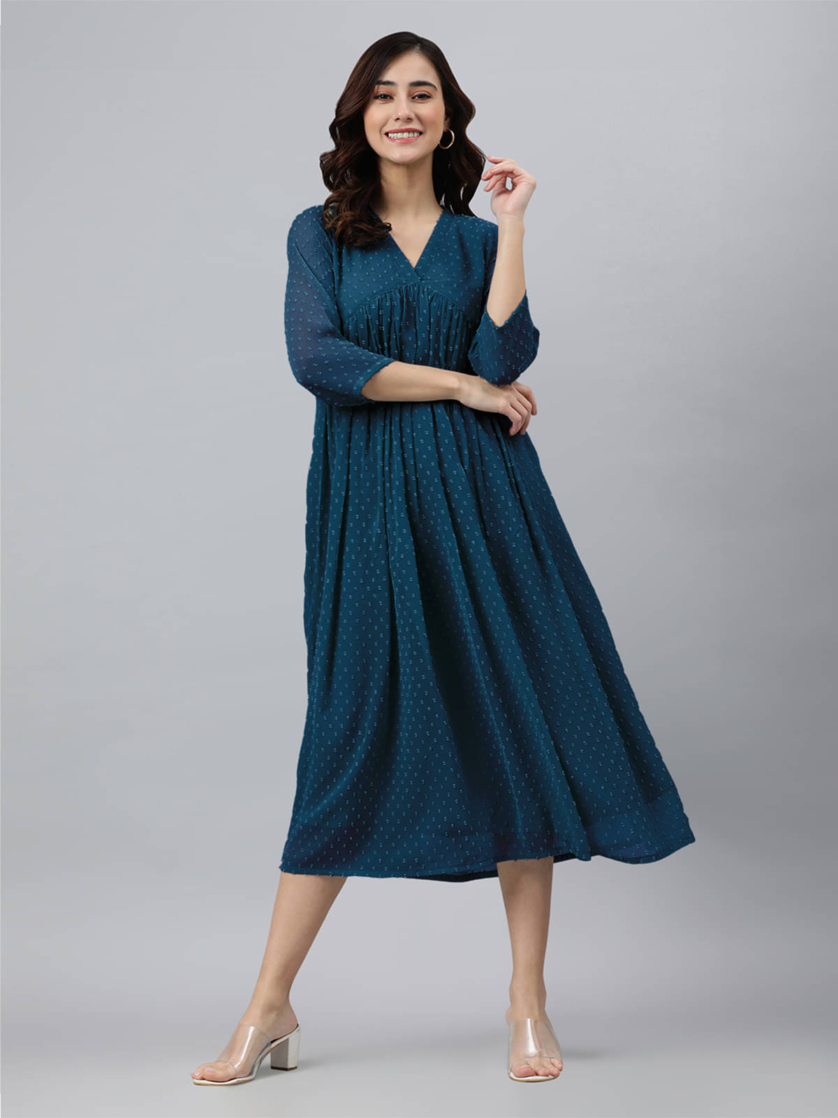 Janasya Pack of 1 Chiffon Self Design Flared Women's Kurti - ( Teal ) Janasya Pack of 1 Chiffon Self Design Flared Women's Kurti - ( Teal )