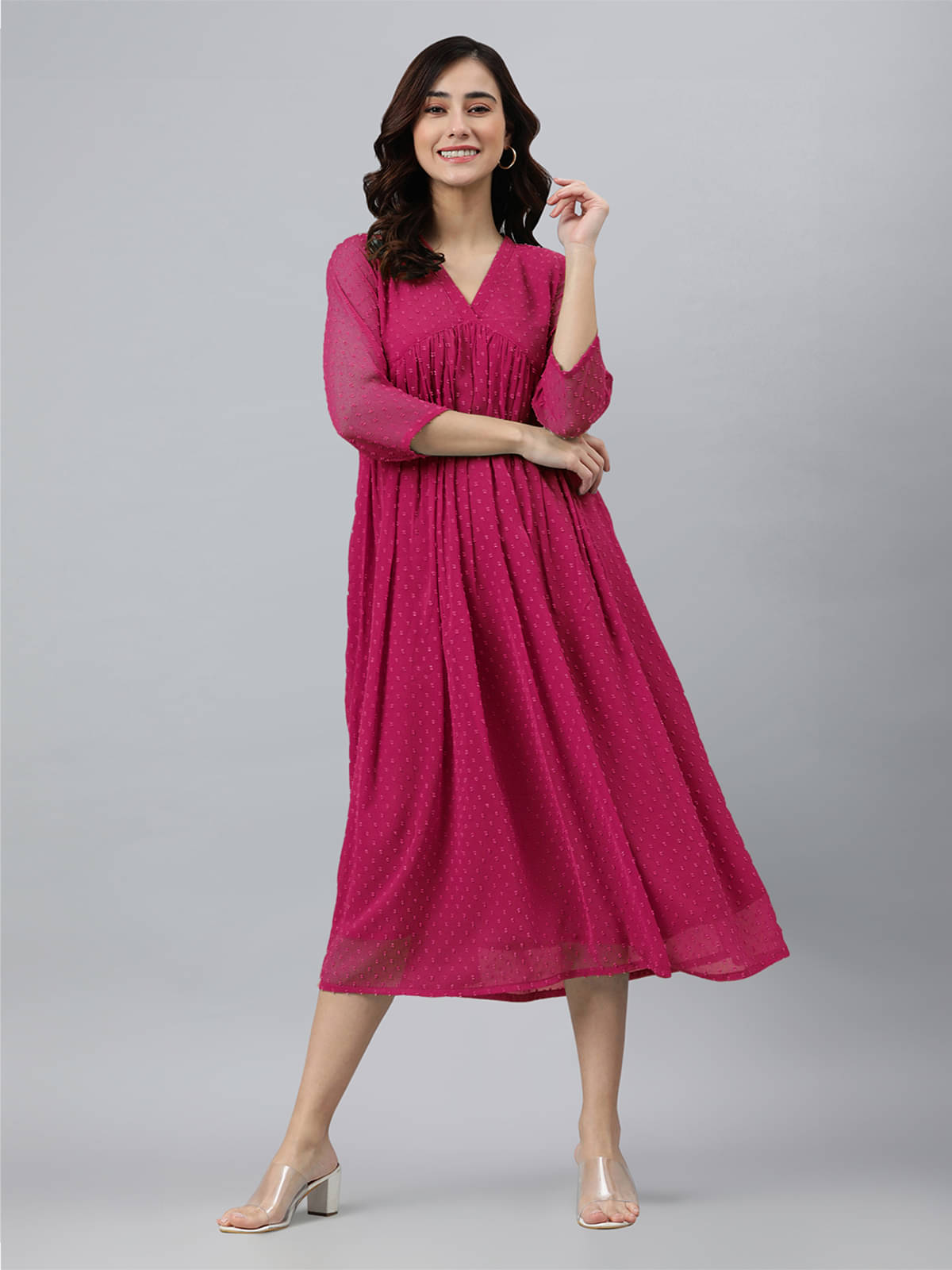 Janasya Pack of 1 Chiffon Self Design Flared Women's Kurti - ( Pink ) Janasya Pack of 1 Chiffon Self Design Flared Women's Kurti - ( Pink )
