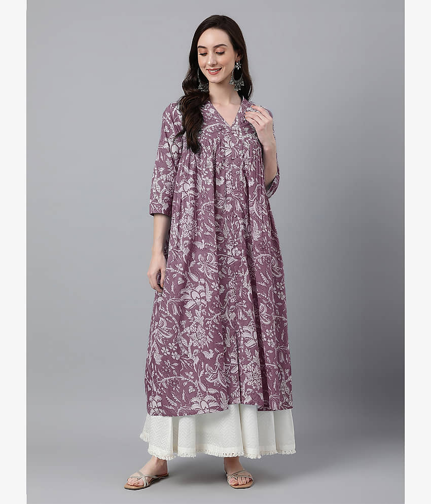 Janasya Pack of 1 Cotton Printed Flared Women's Kurti - ( Purple ) - Kurtis, Tunics | Buy online on ZillyBuy