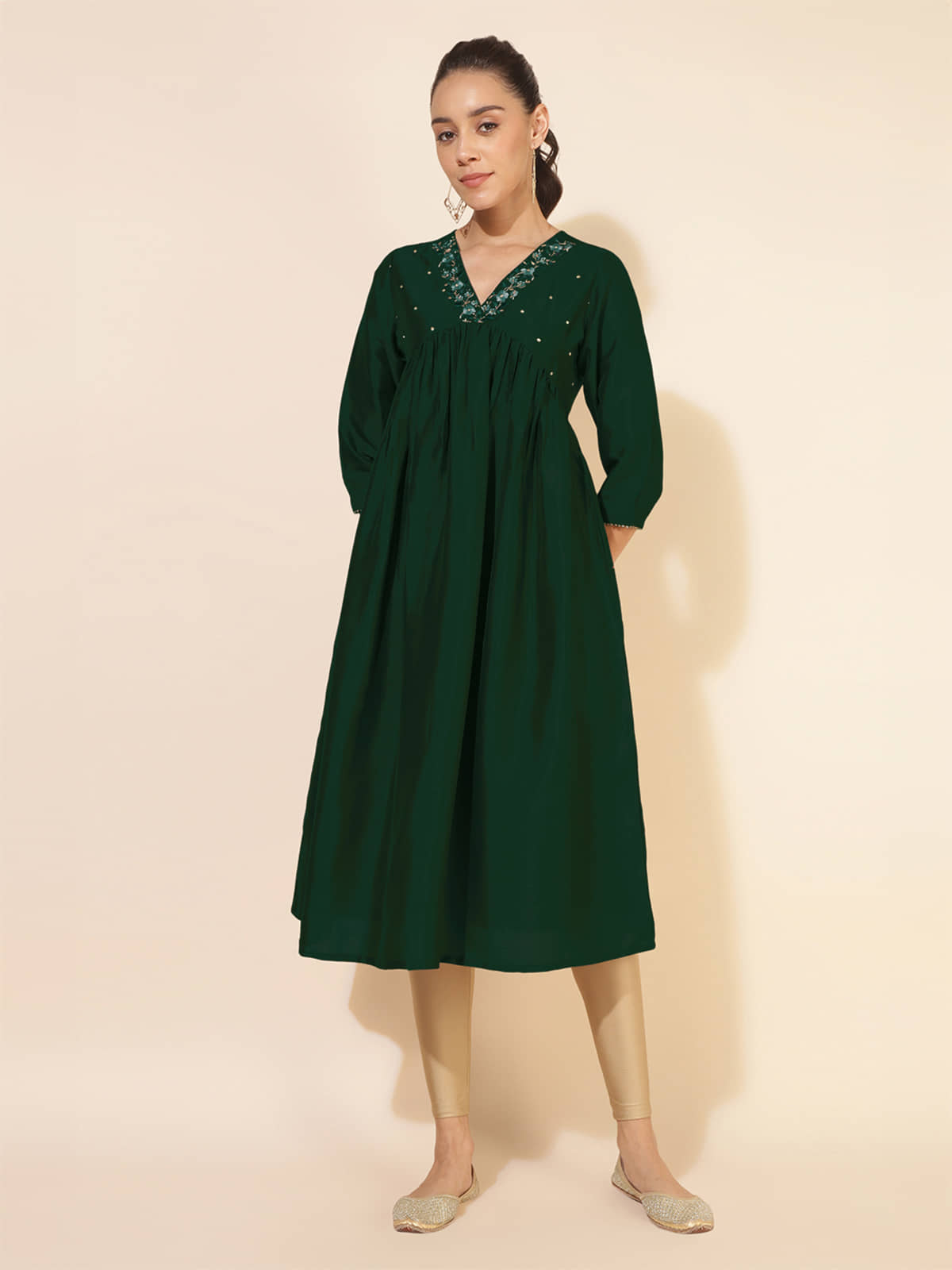 Janasya Pack of 1 Silk Blend Embroidered Flared Women's Kurti - ( Green ) - Kurtis, Tunics | Buy online on ZillyBuy