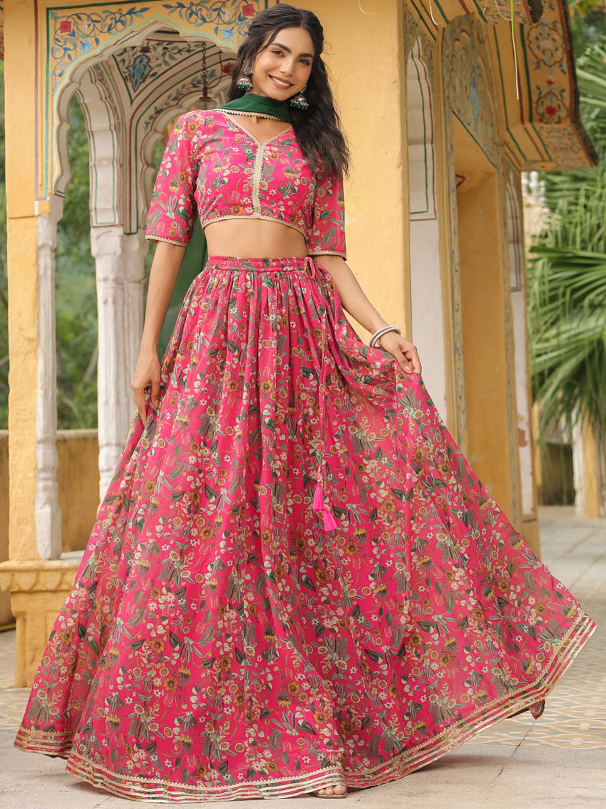     			Janasya Pink Georgette Chaniya Choli Stitched Lehenga Single