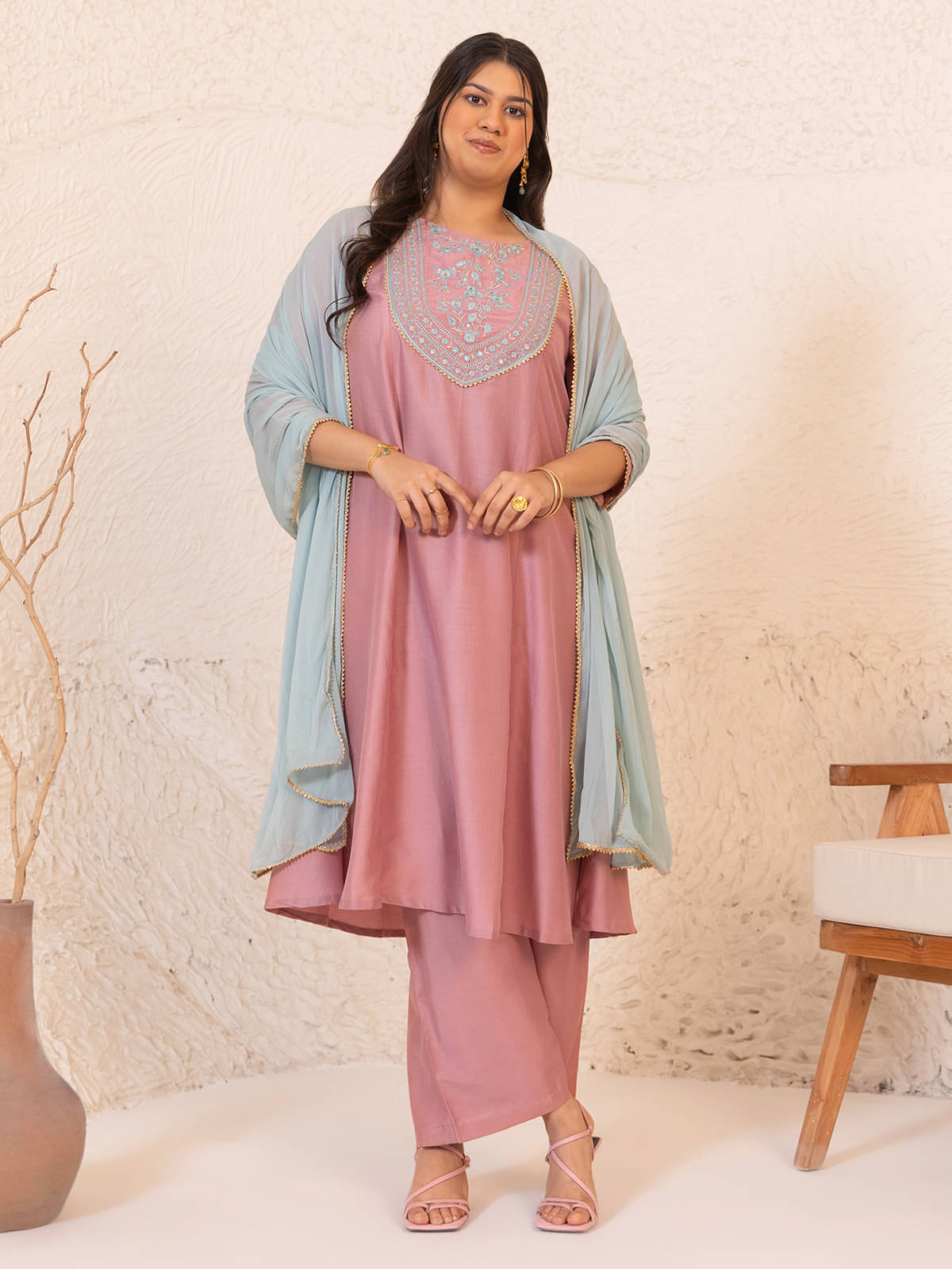 Janasya Silk Blend Embroidered Kurti With Palazzo Women's Stitched Salwar Suit - Pink ( Pack of 1 )     			Janasya Silk Blend Embroidered Kurti With Palazzo Women's Stitched Salwar Suit - Pink ( Pack of 1 )